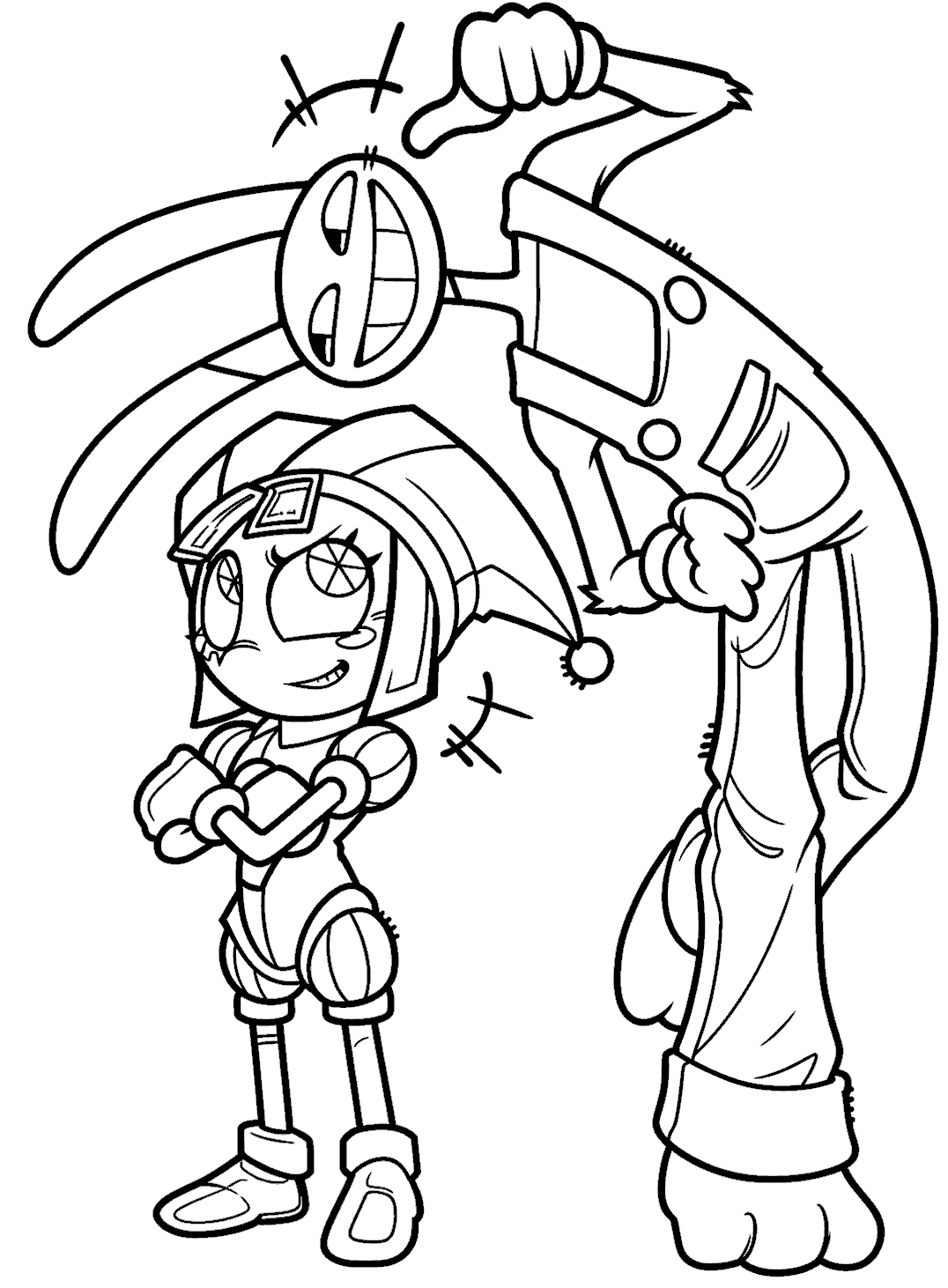confident pomni and silly bending jax for kids tadc the amazing digital circus line art