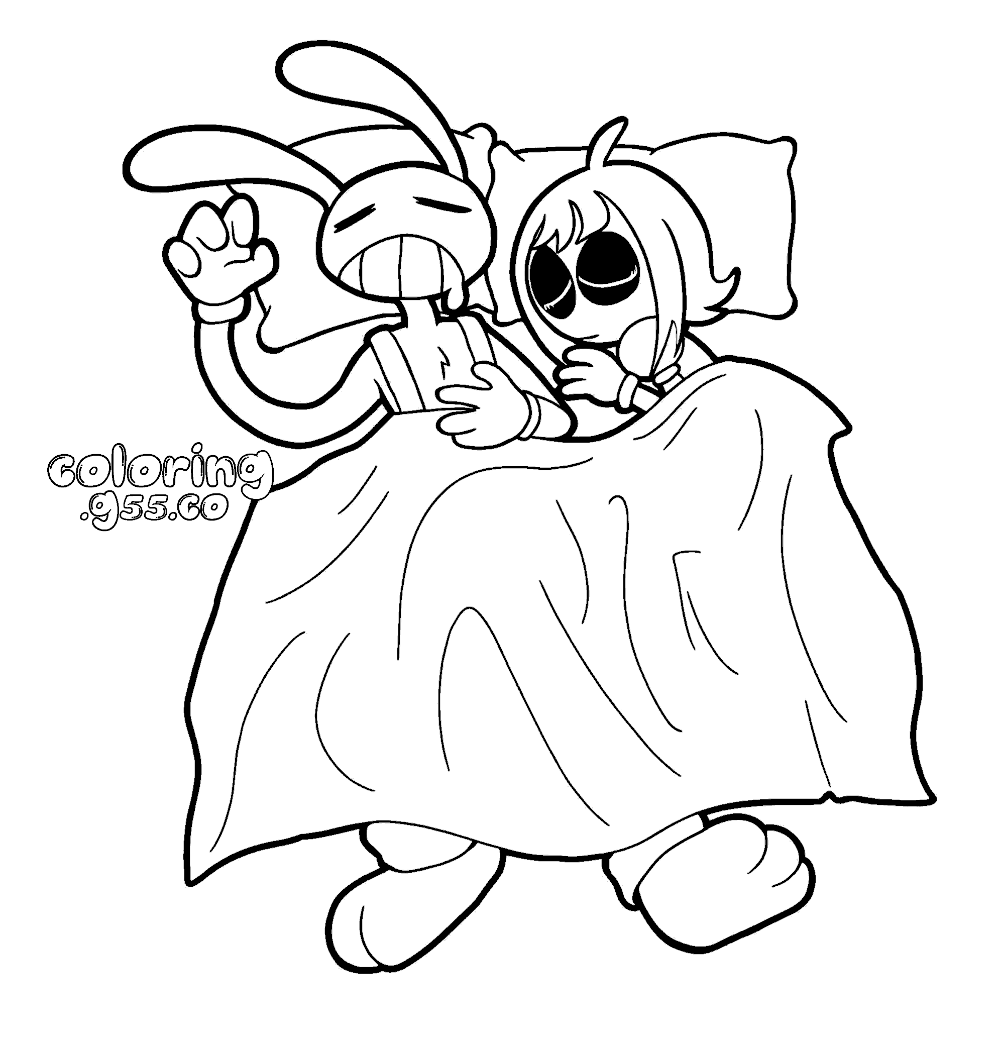 jax and pomni sleeping in bed for kids tadc the amazing digital circus line art