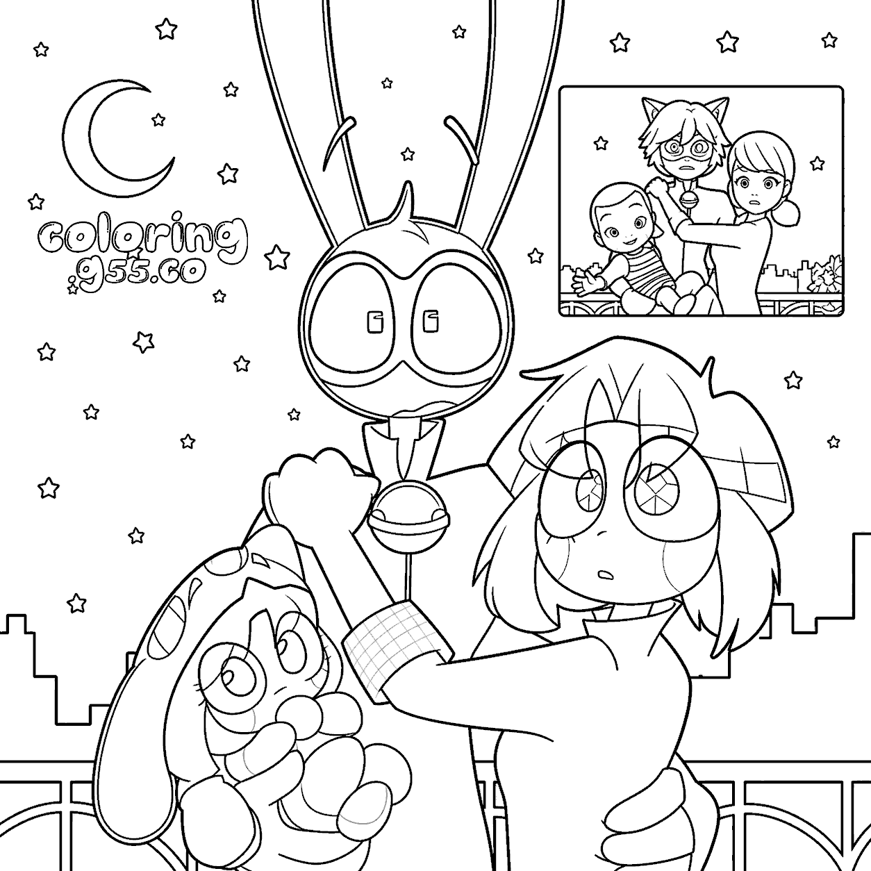 jax as cat noir and pomni as ladybug family crossover for kids tadc the amazing digital circus line art