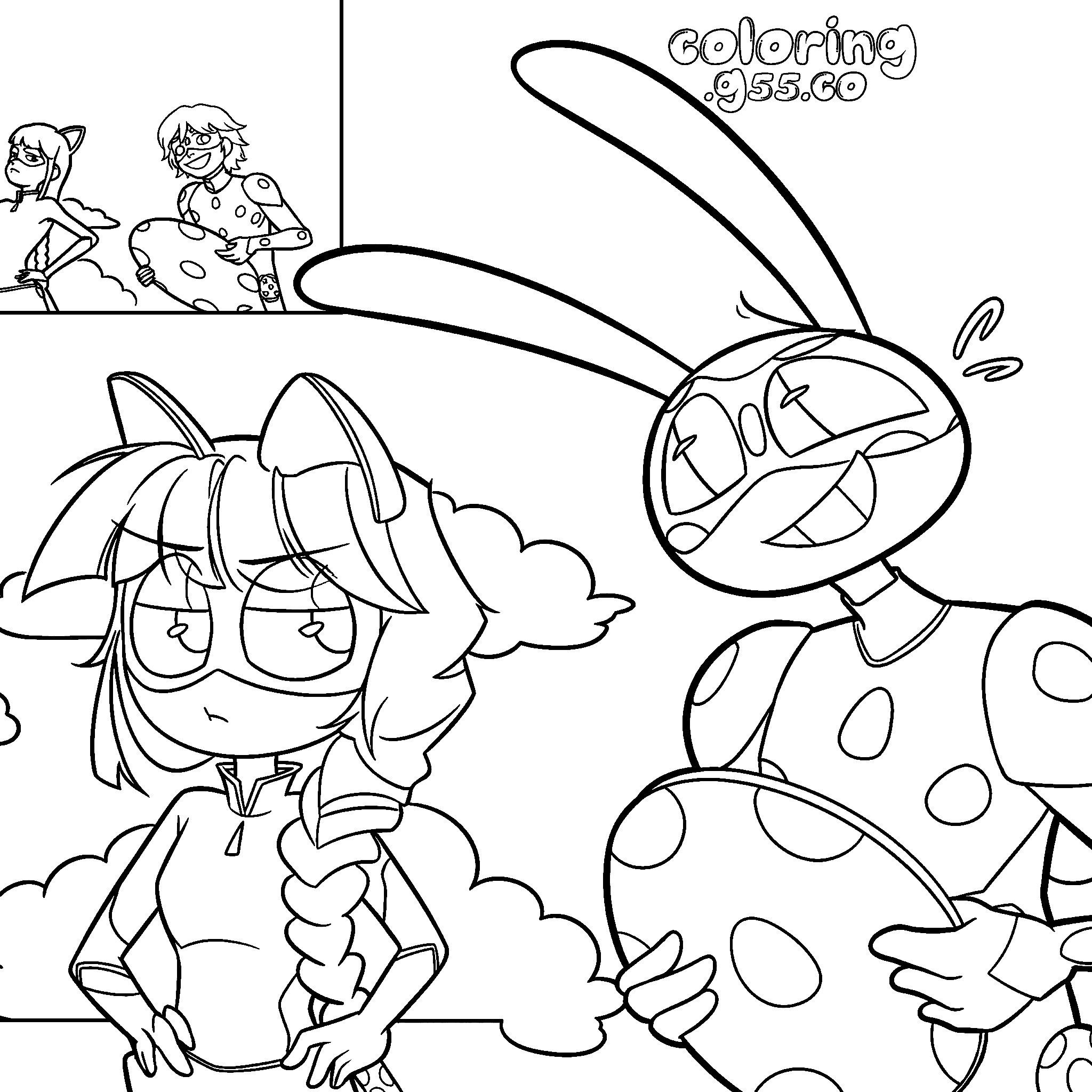 jax as ladybug and pomni as cat noir crossover for kids tadc the amazing digital circus line art