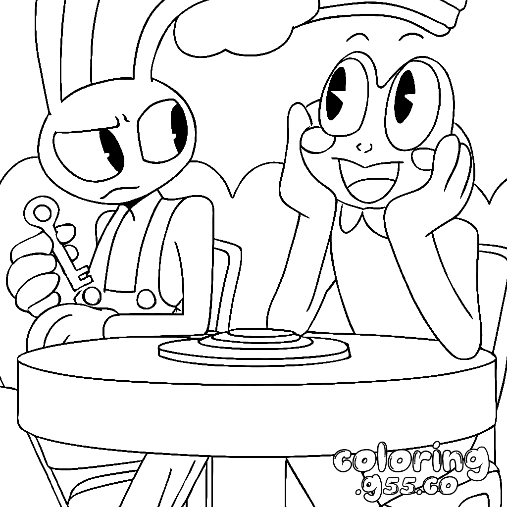 jax holding secret key sitting with ribbit for kids tadc the amazing digital circus line art