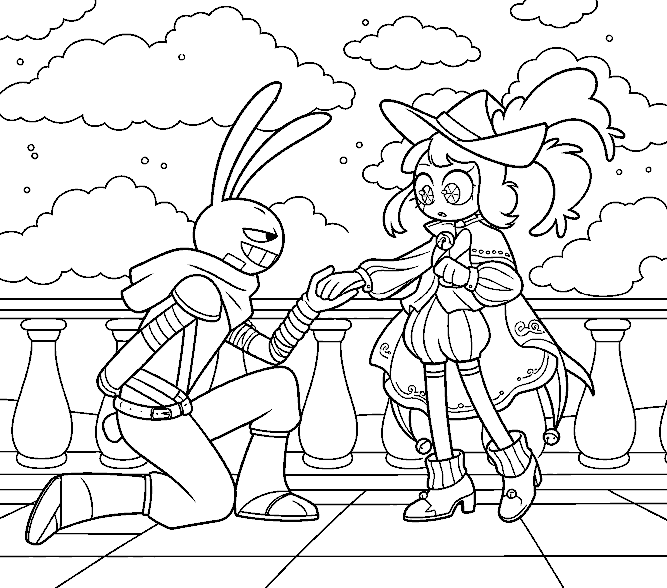jax knight and pomni prince balcony scene for kids tadc the amazing digital circus line art