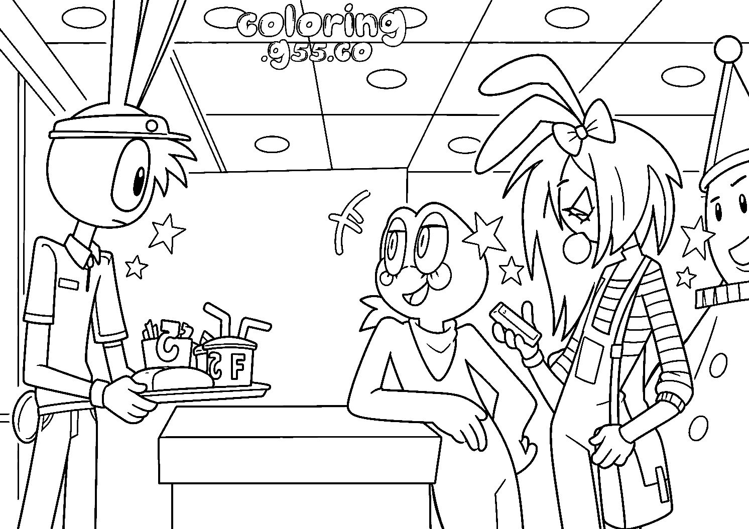jax working fast food counter with ribbit and female jax for kids tadc the amazing digital circus line art