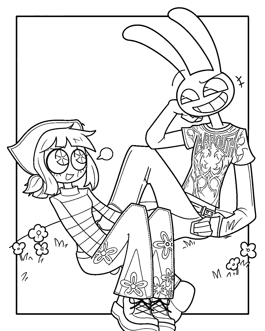 pomni and jax hippie fashion outfits on flower meadow for kids tadc the amazing digital circus line art
