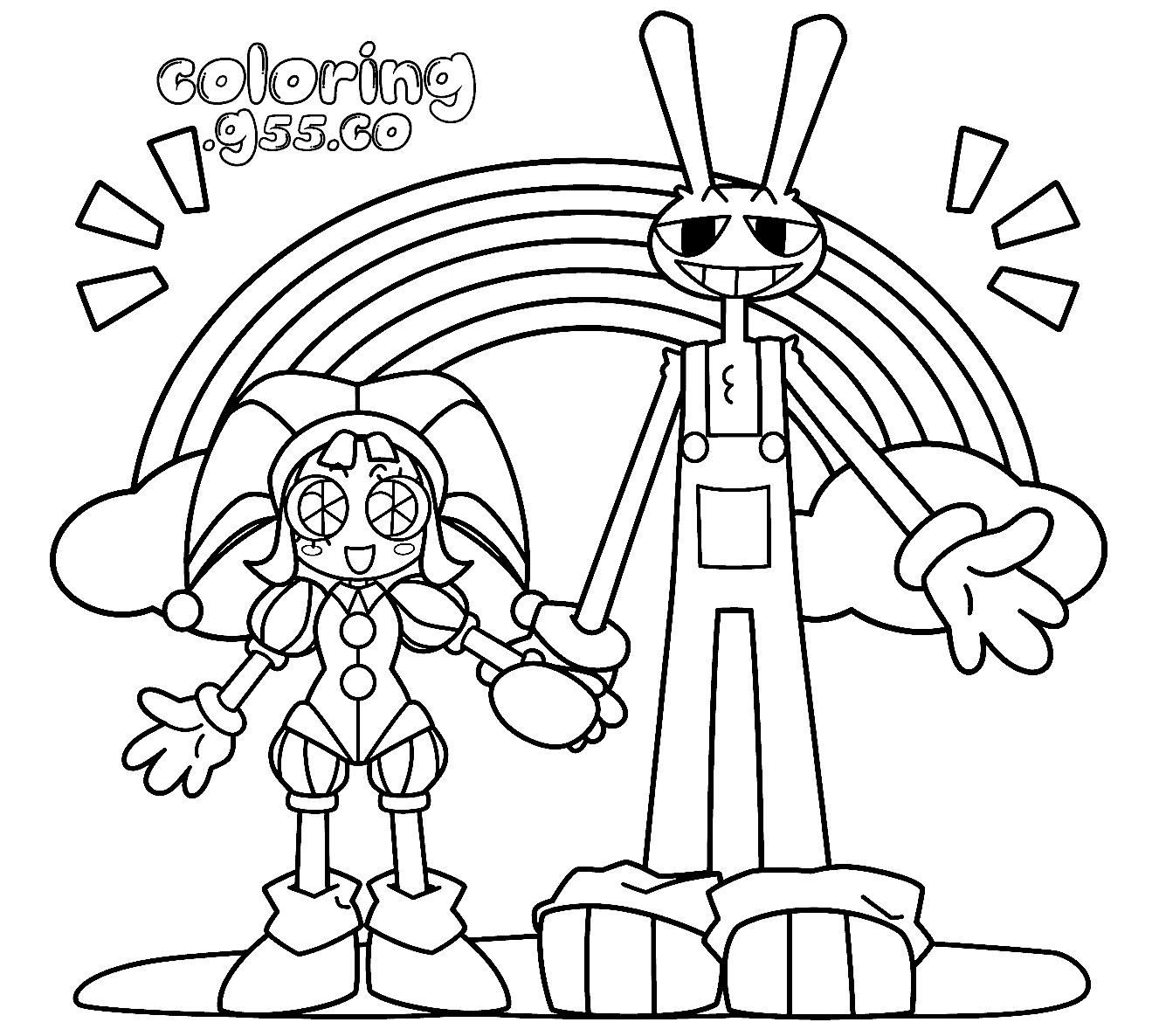 pomni and jax holding hands rainbow scene for kids tadc the amazing digital circus line art