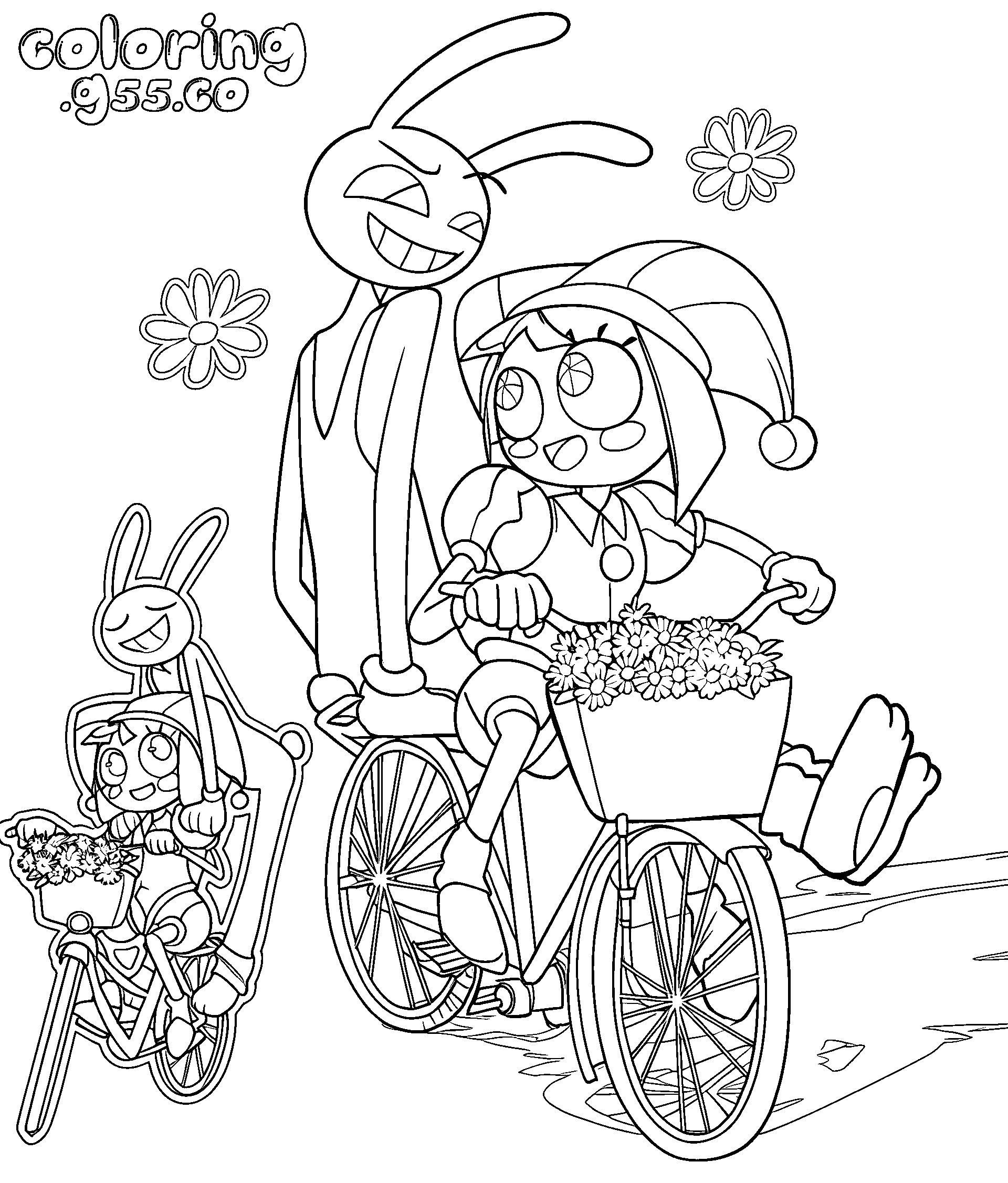 pomni and jax riding bicycle with daisies for kids tadc the amazing digital circus line art