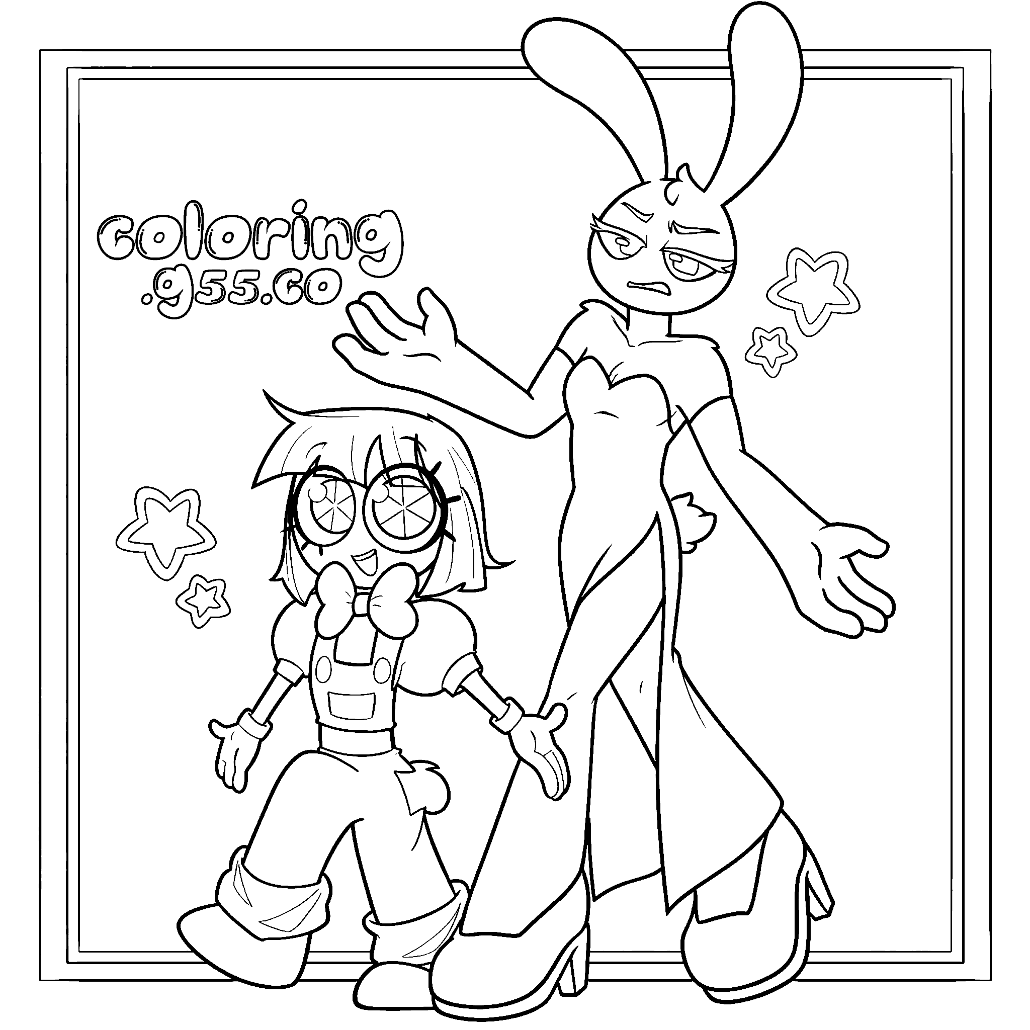 pomni in overalls and jax in jessica rabbit dress for kids tadc the amazing digital circus line art