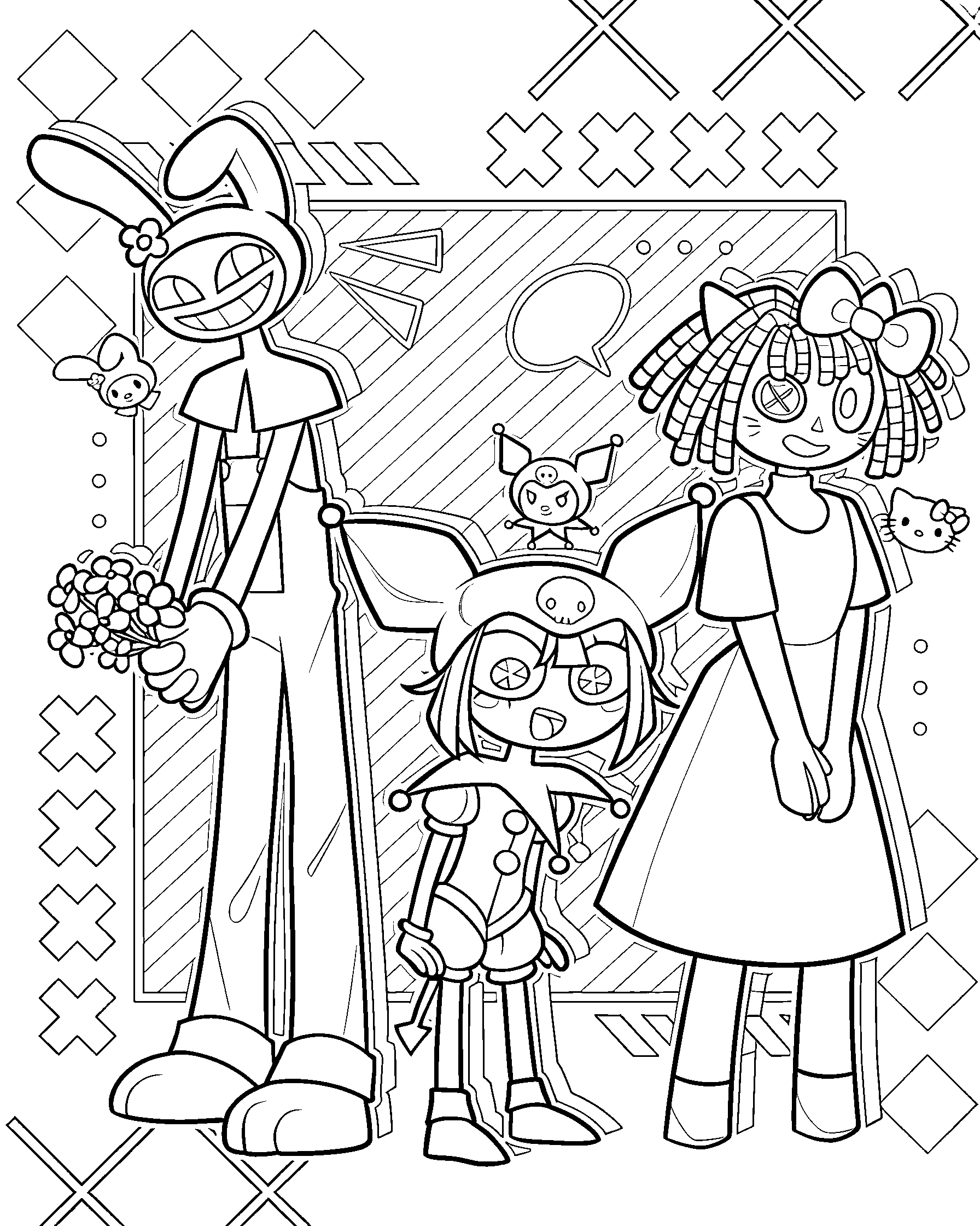 pomni kuromi jax ragatha sanrio style for kids tadc the amazing digital circus line art