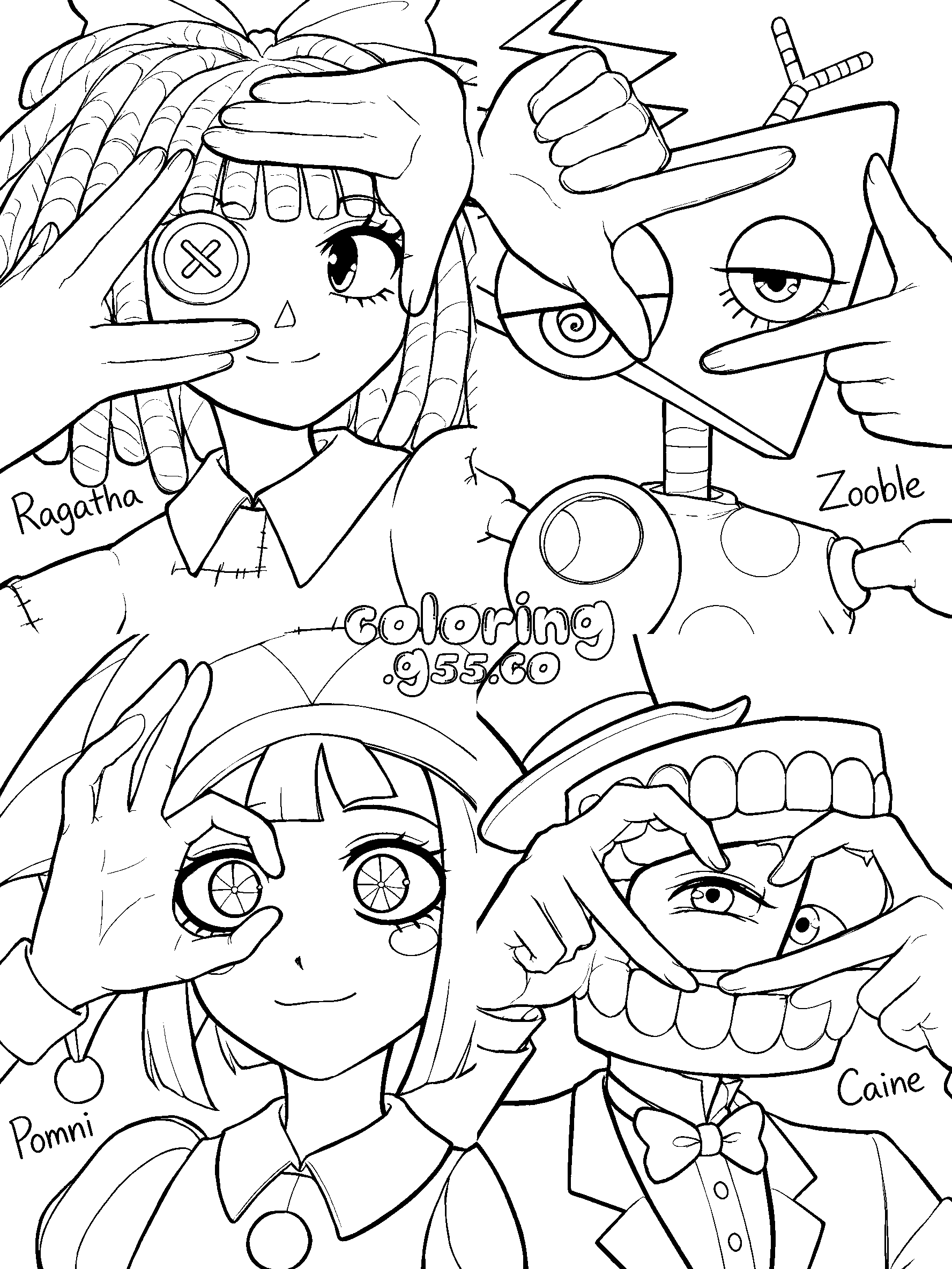 ragatha zooble pomni and caine photo frame poses for kids tadc the amazing digital circus line art
