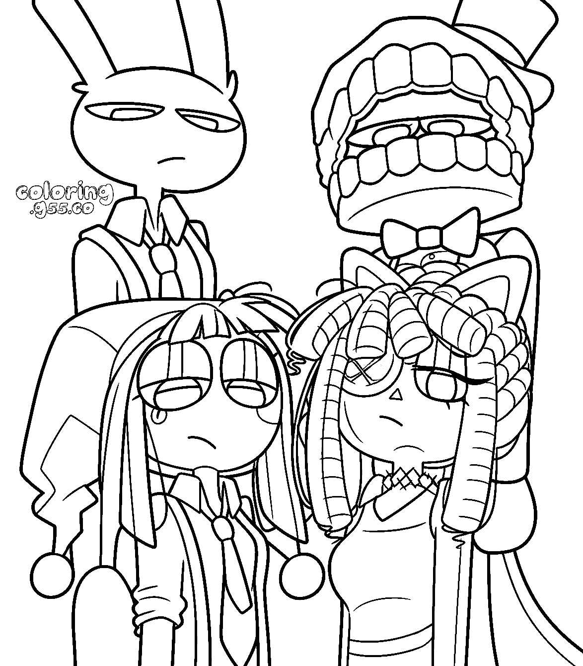 sad pomni caine jax and ragatha group portrait for kids tadc the amazing digital circus line art
