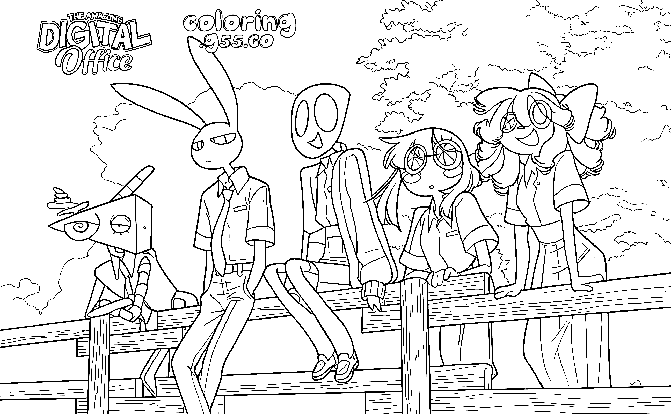 tadc characters in office uniforms on fence for kids the amazing digital circus line art