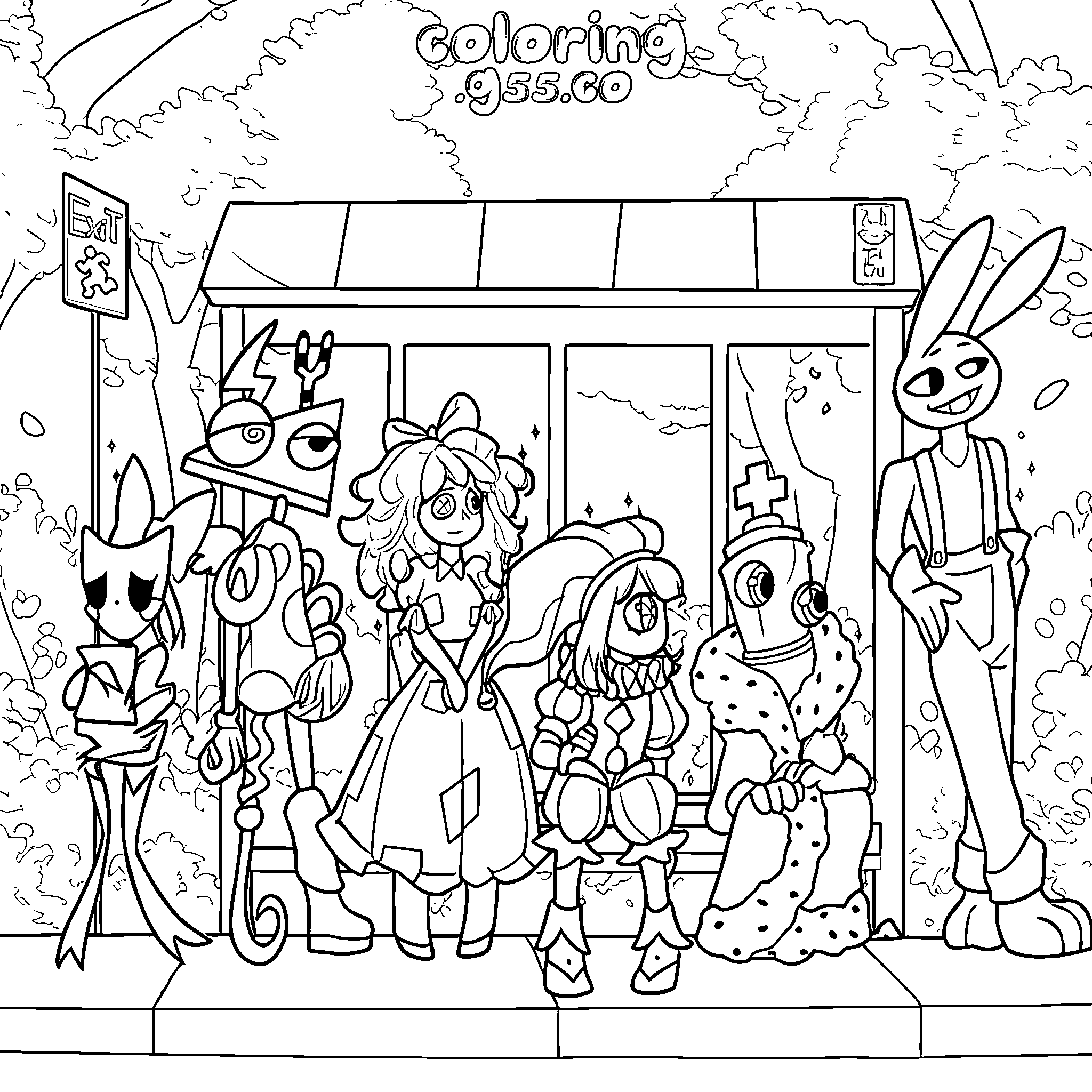 tadc circus crew waiting at bus stop for kids the amazing digital circus line art