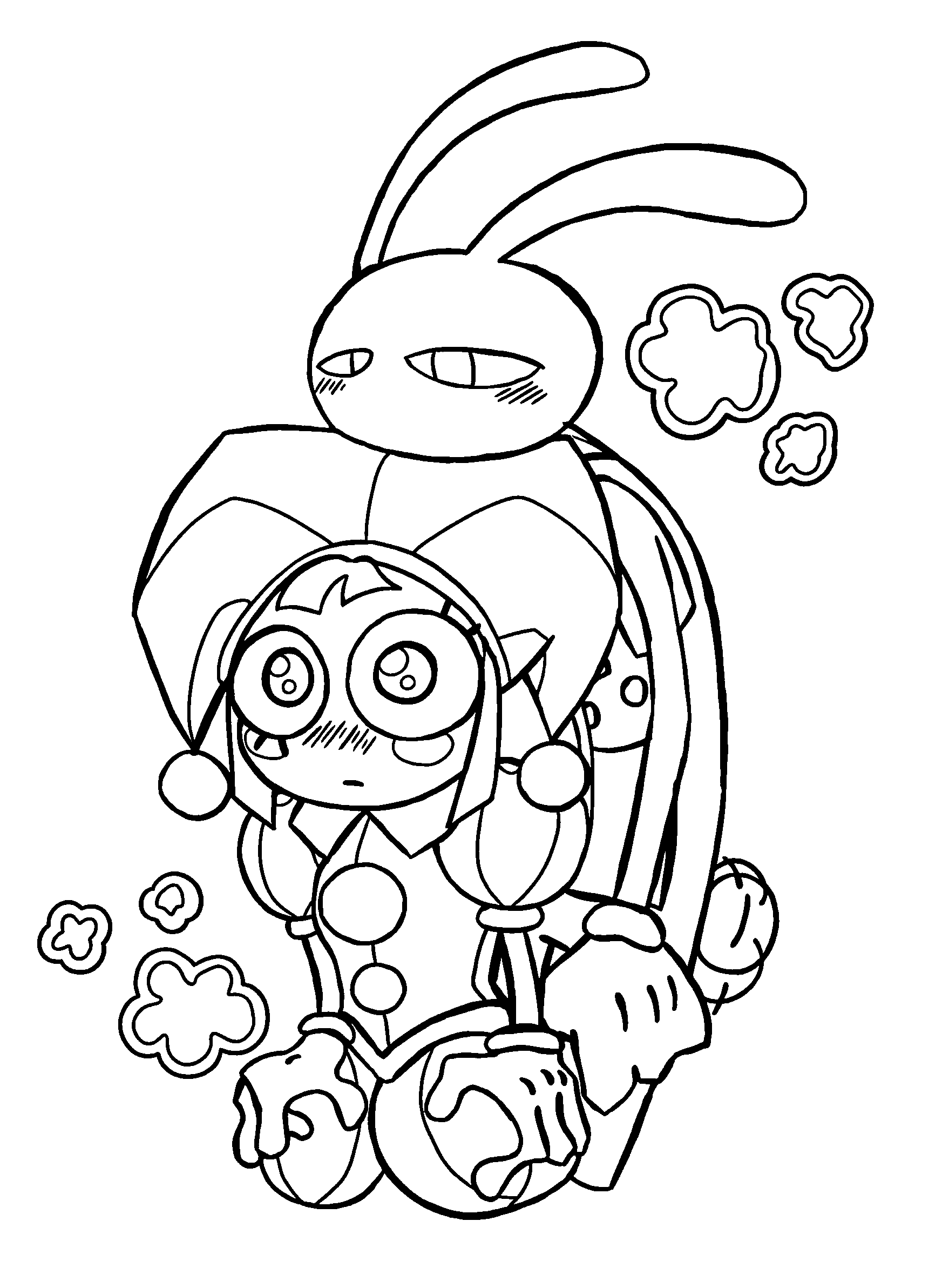 tall jax resting head on cute standing pomni for kids tadc the amazing digital circus line art