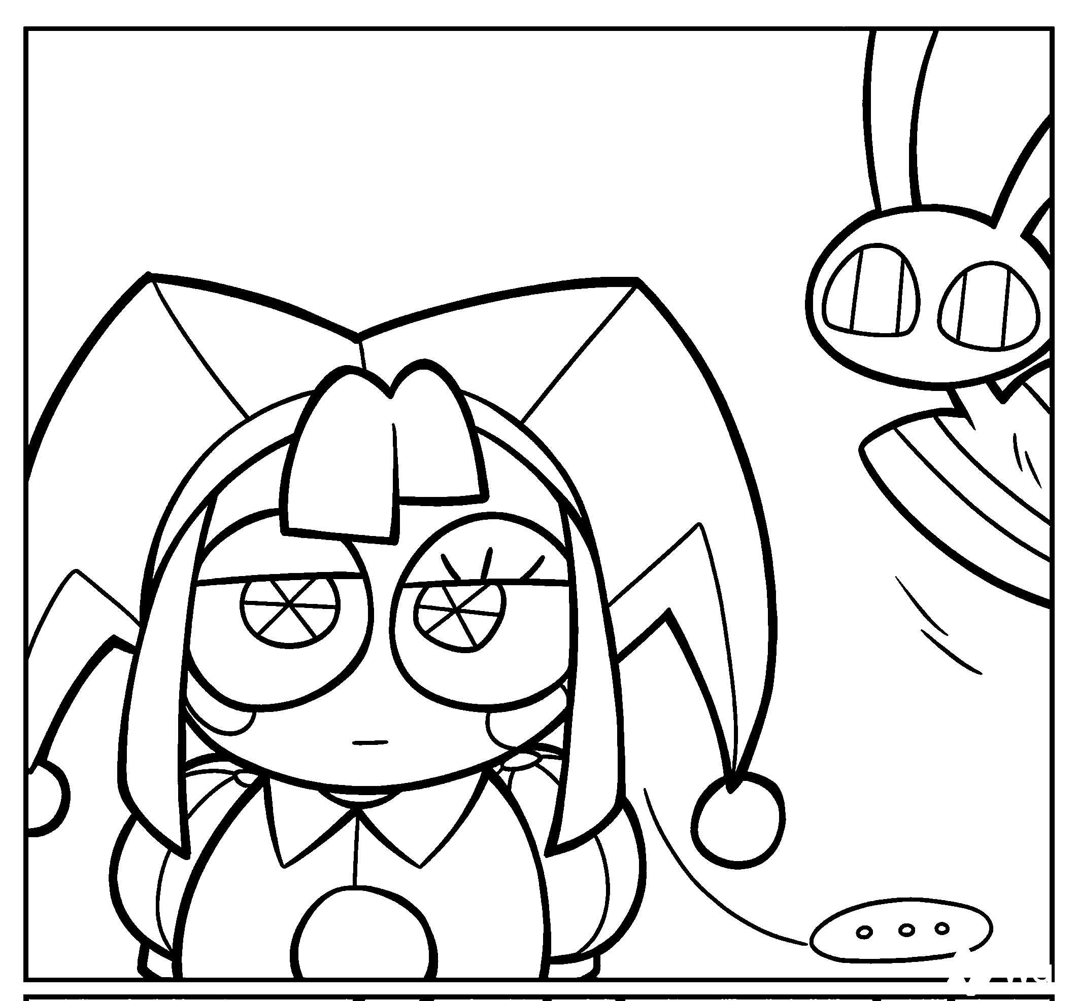 tired pomni and peeking jax for kids tadc the amazing digital circus line art