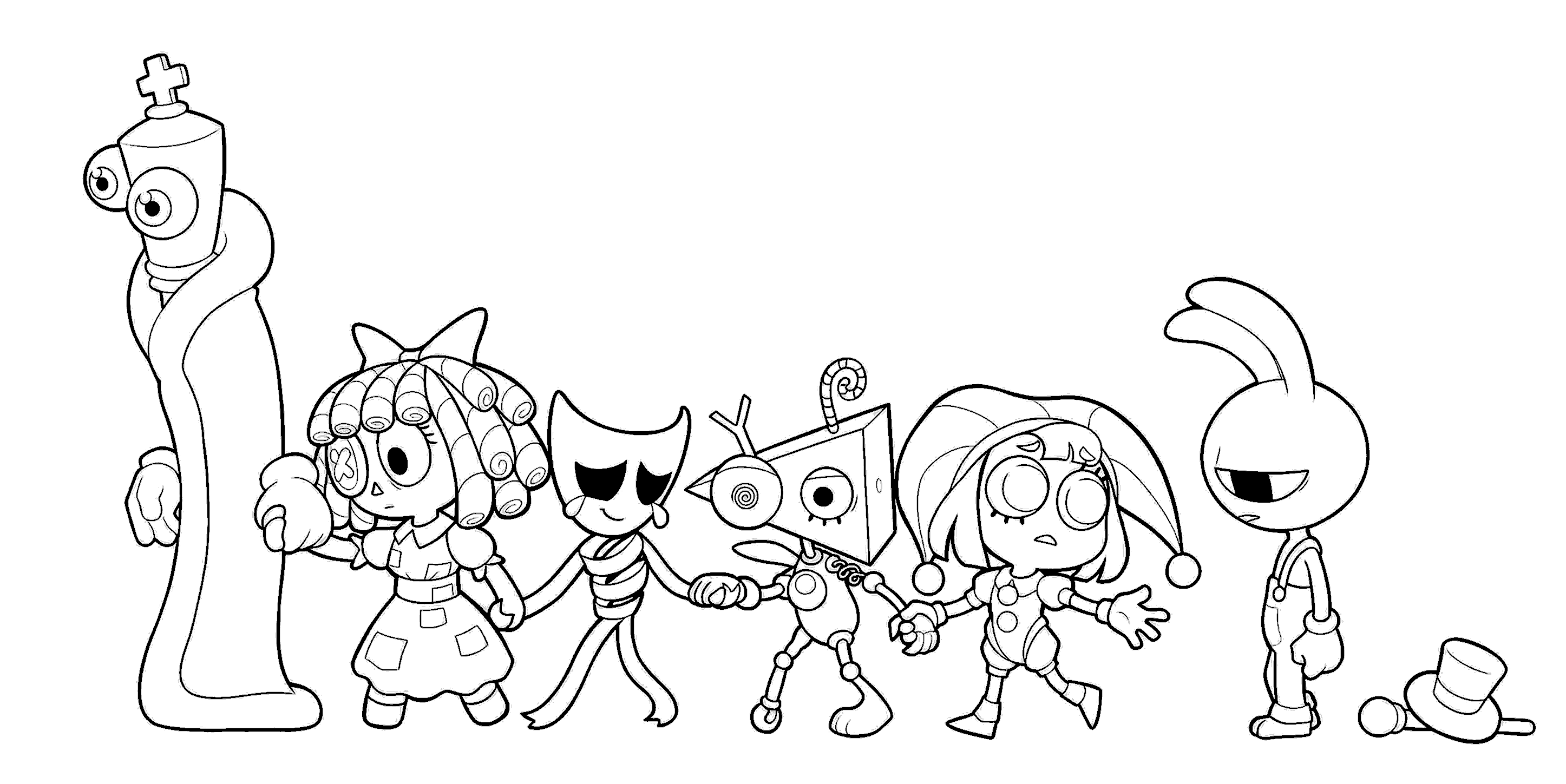 full circus crew holding hands scared lineup tadc the amazing digital circus line art