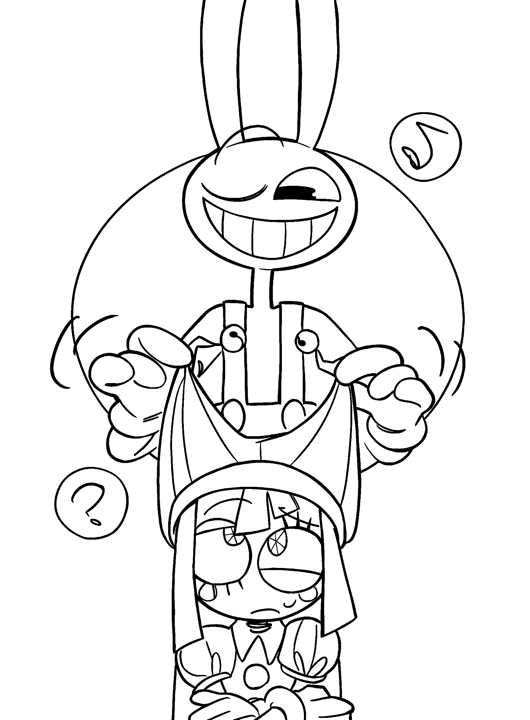 funny jax pulling jester hat over pomni eyes prank tadc the amazing digital circus line art