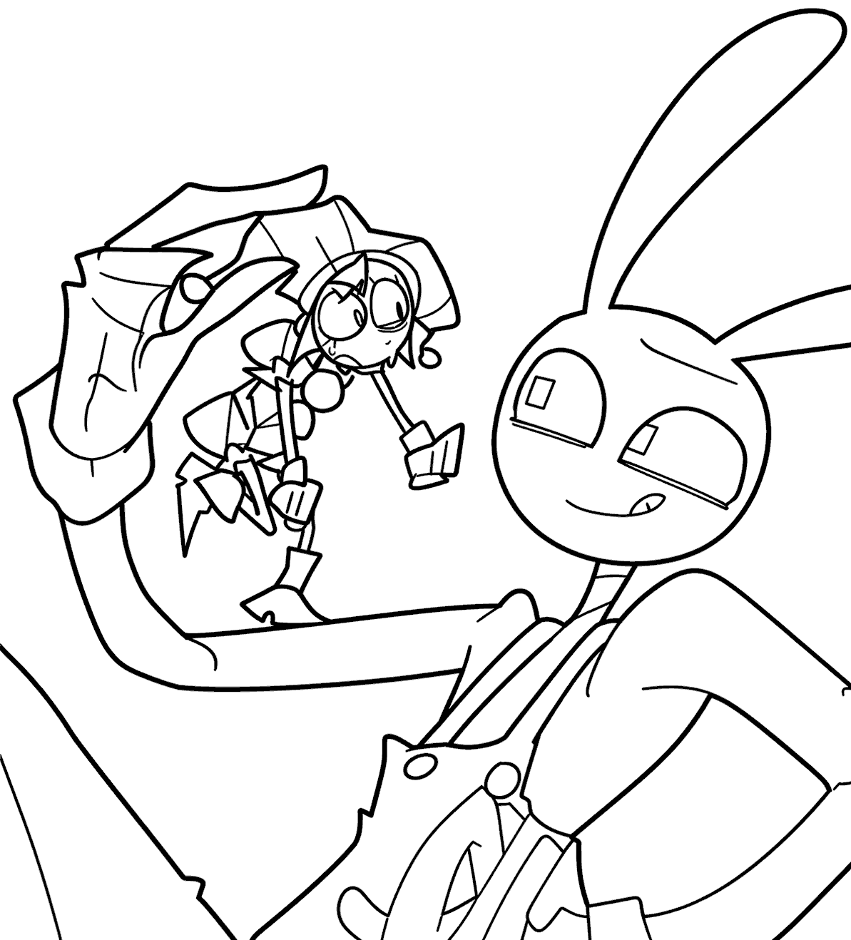 giant jax holding tiny pomni palm shocked expression tadc the amazing digital circus line art
