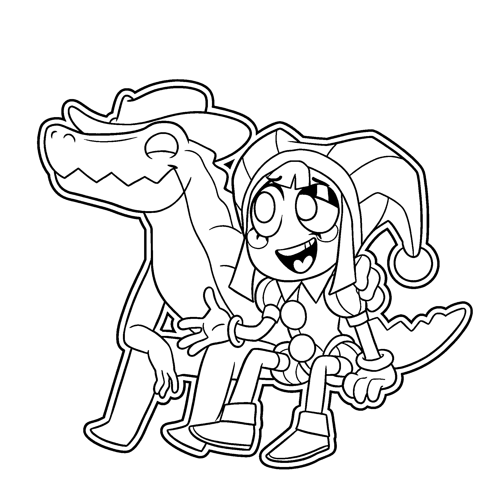 gummigoo and pomni hugging the amazing digital circus line art