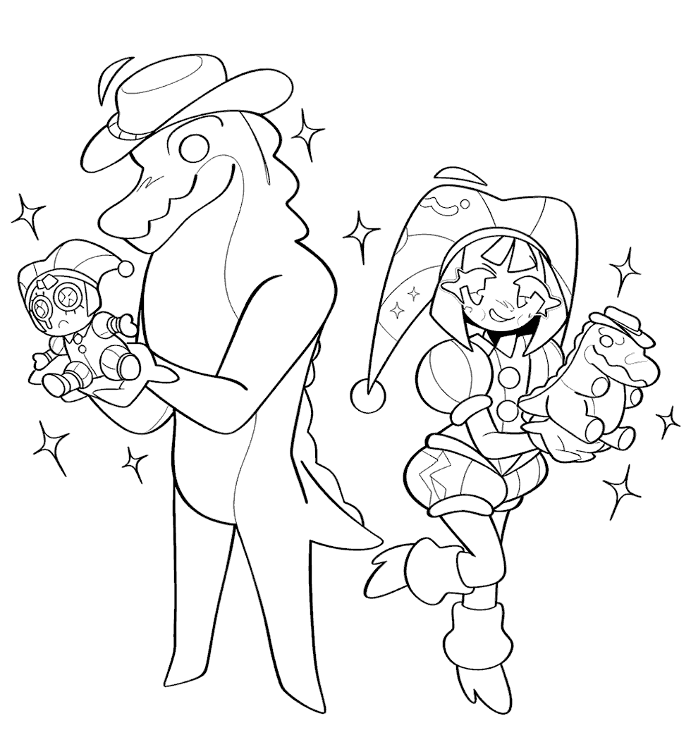 gummigoo and pomni plushie swap the amazing digital circus line art