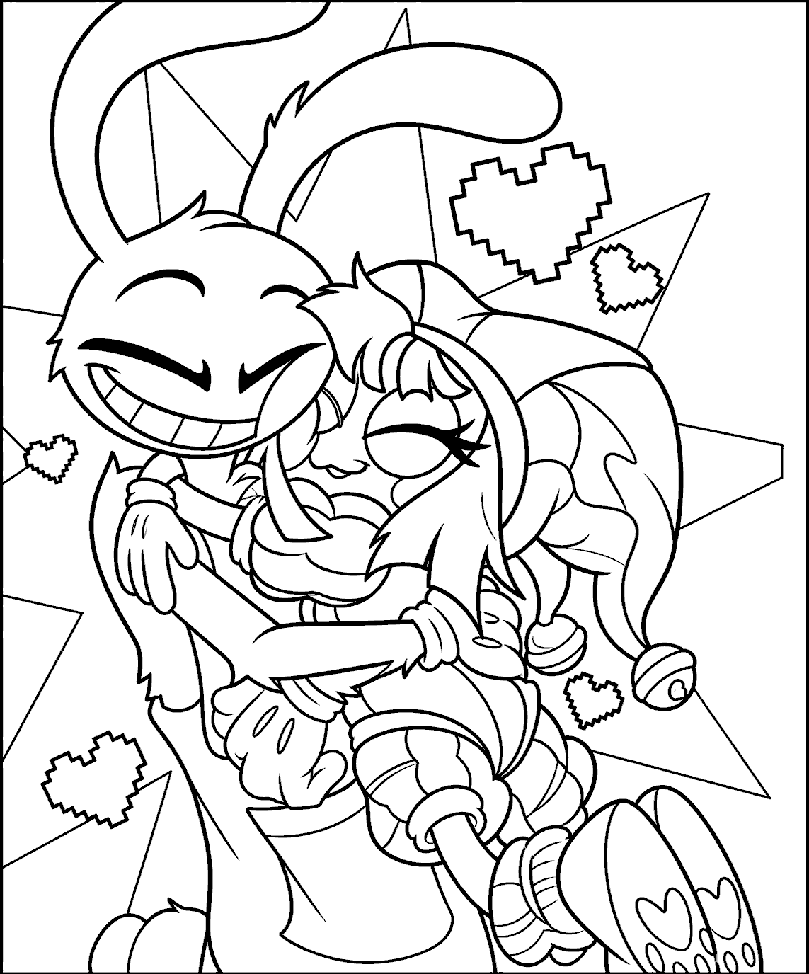 happy pomni hugging jax pixel hearts star background tadc the amazing digital circus line art