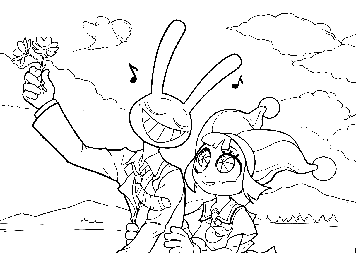 happy singing jax holding flowers with pomni landscape tadc the amazing digital circus line art