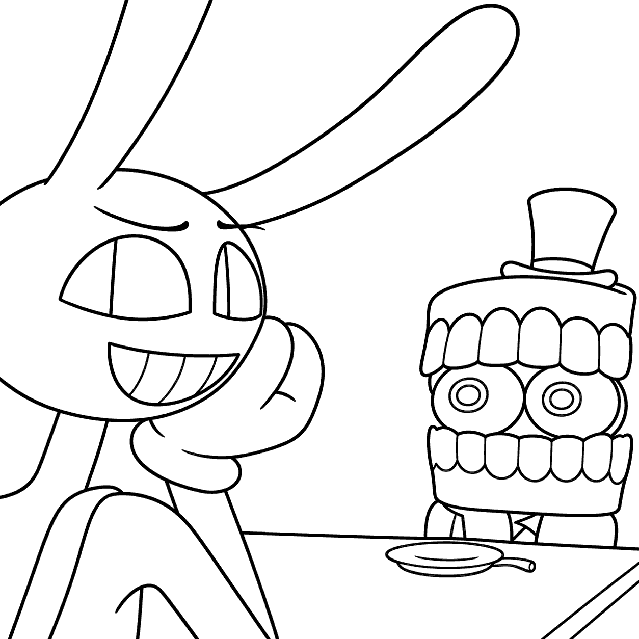 jax and caine at the table the amazing digital circus line art