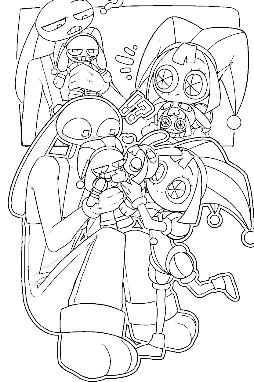 jax and pomni exchanging cute plush toys tadc the amazing digital circus line art