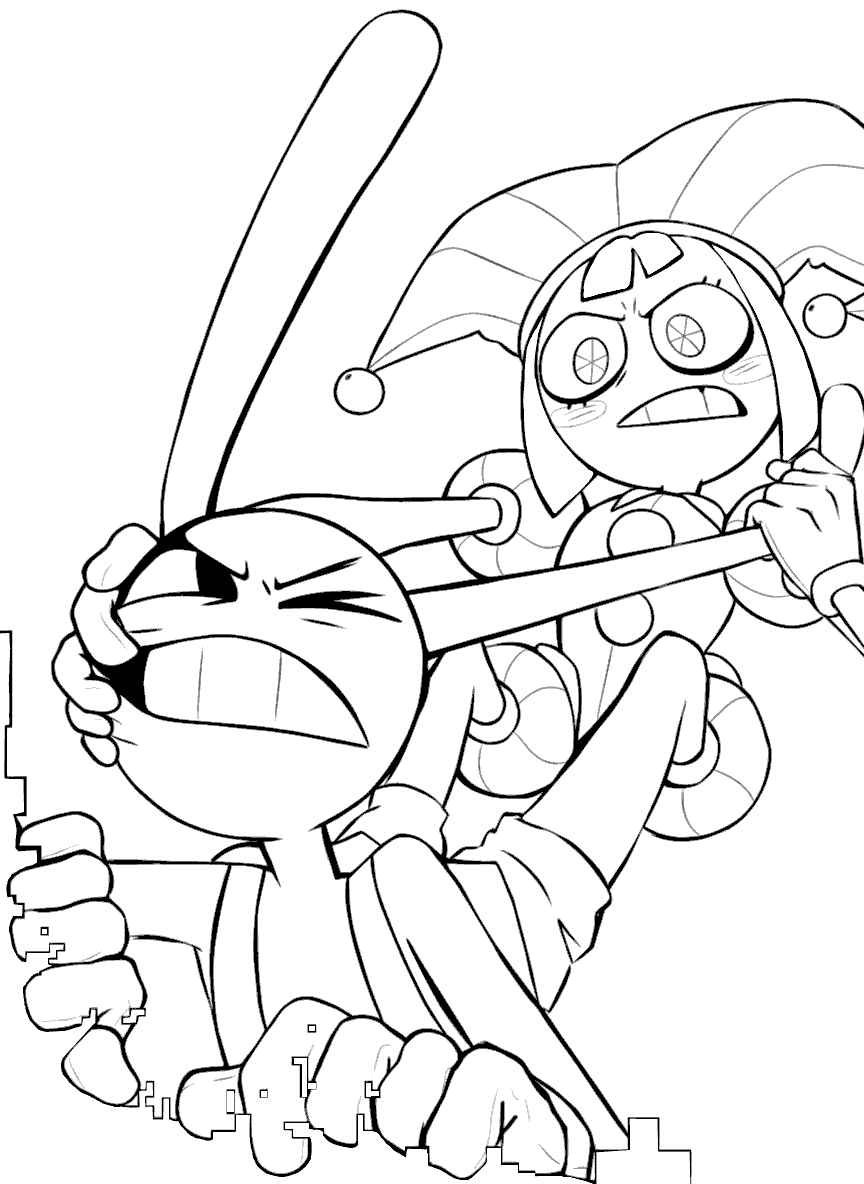 jax and pomni funny fight the amazing digital circus line art