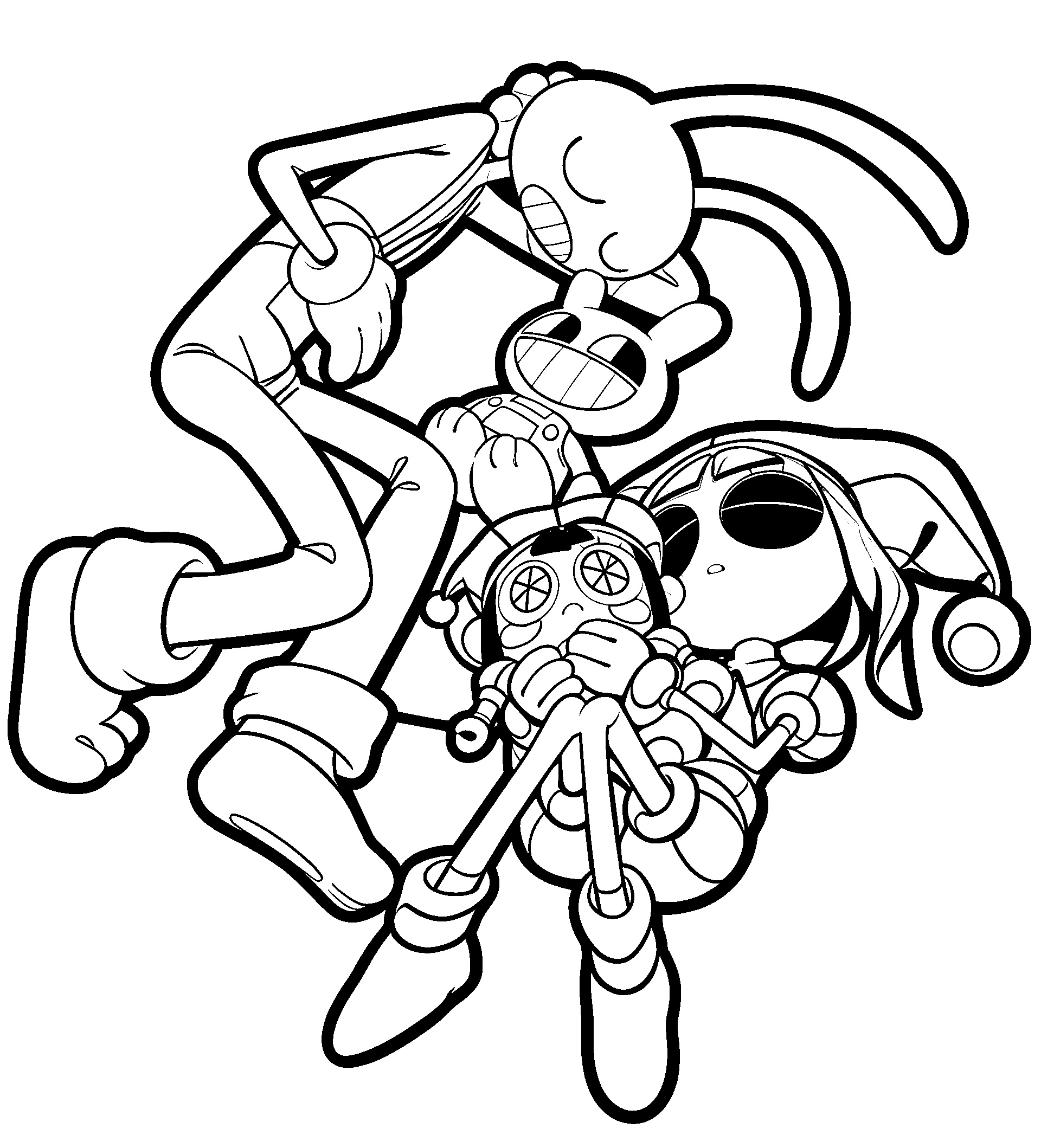 jax and pomni holding each other dolls tadc the amazing digital circus line art