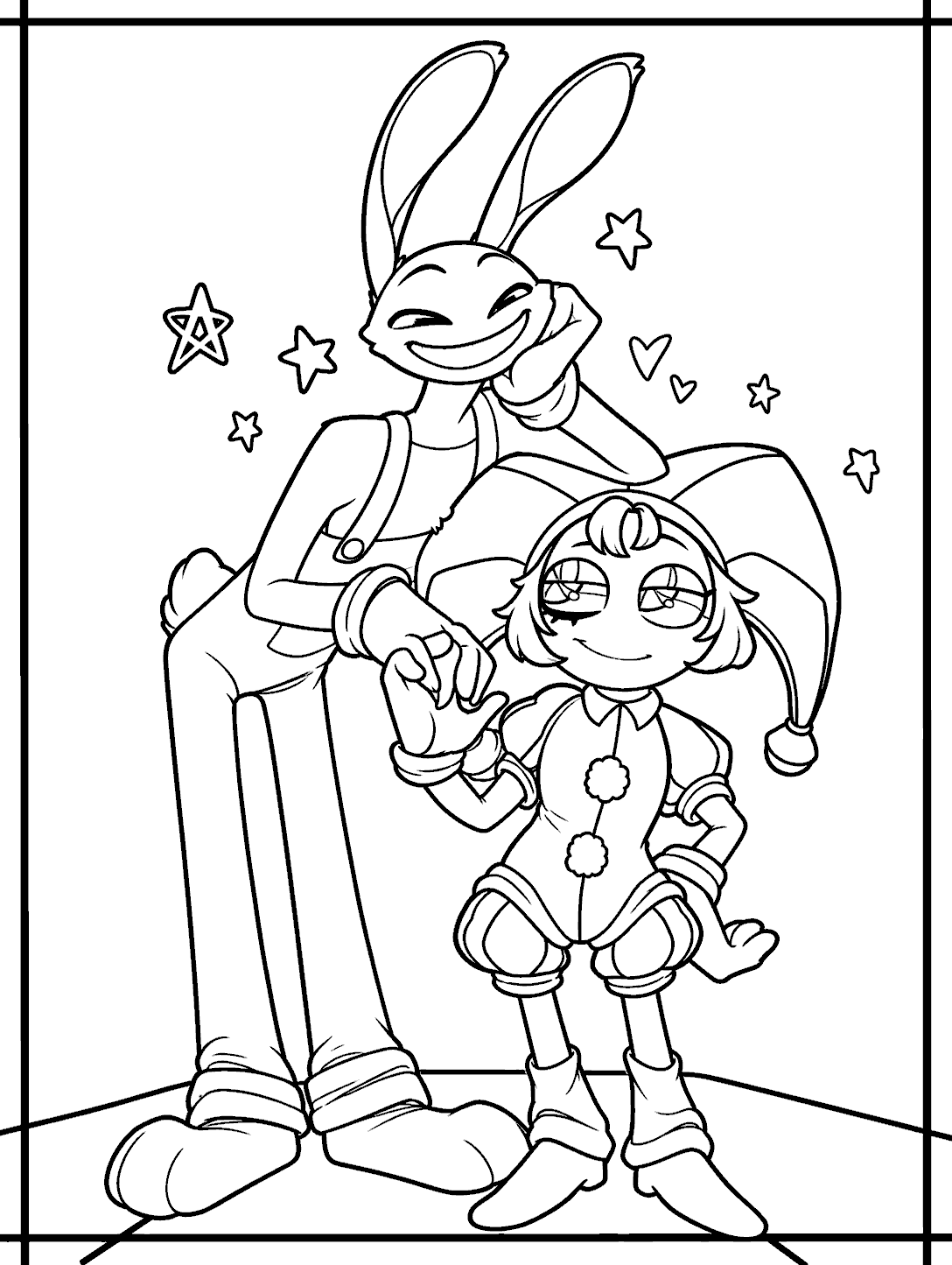 jax and pomni holding hands cute hearts stars backdrop tadc the amazing digital circus line art