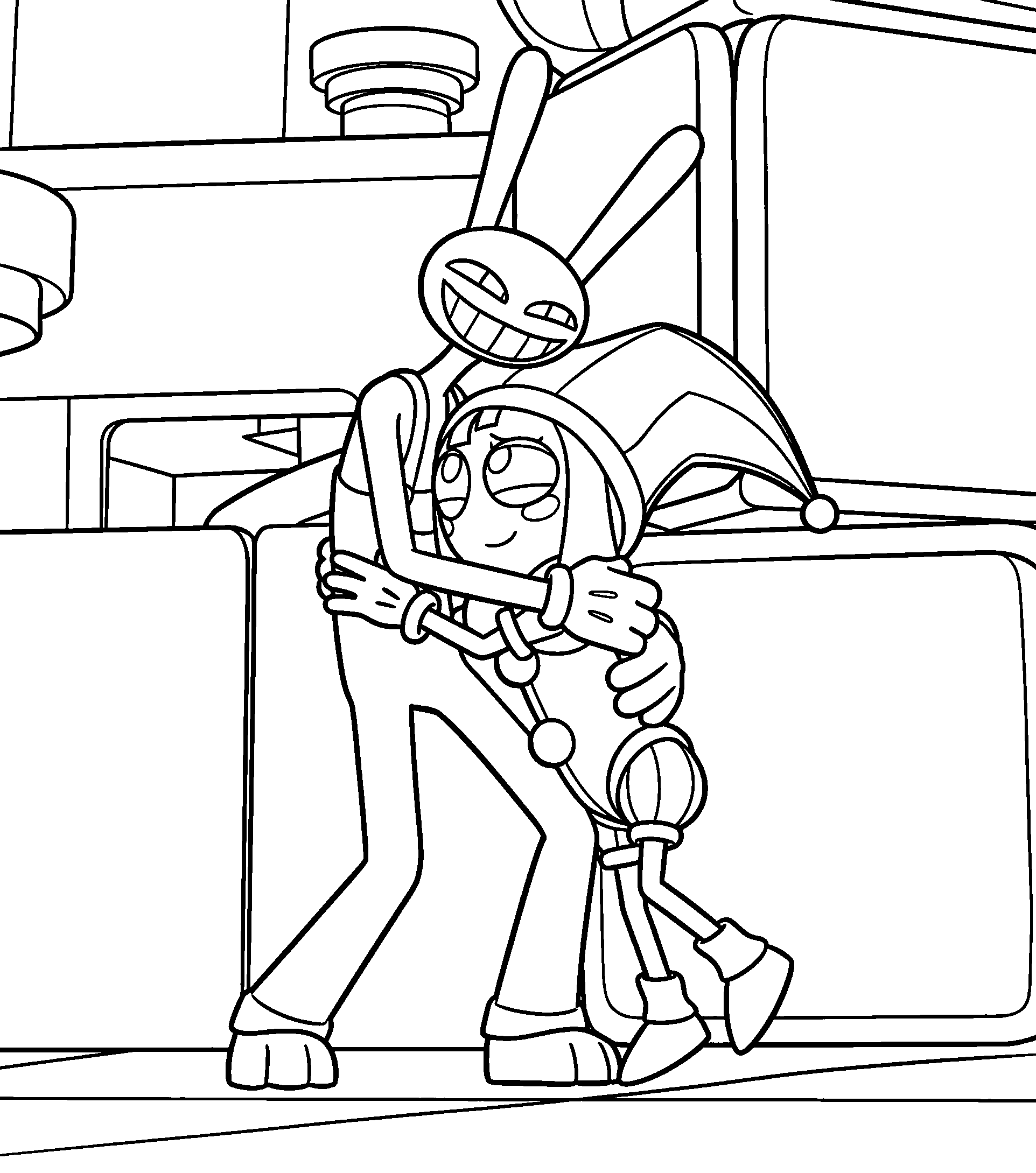 jax and pomni hugging scene the amazing digital circus line art