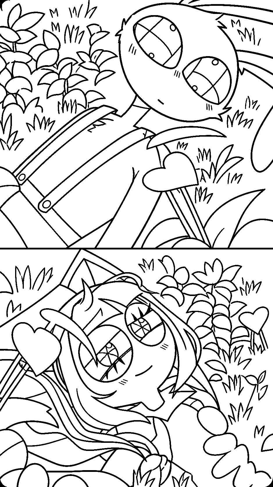 jax and pomni lying on grass romantic garden tadc the amazing digital circus line art for kids and adults