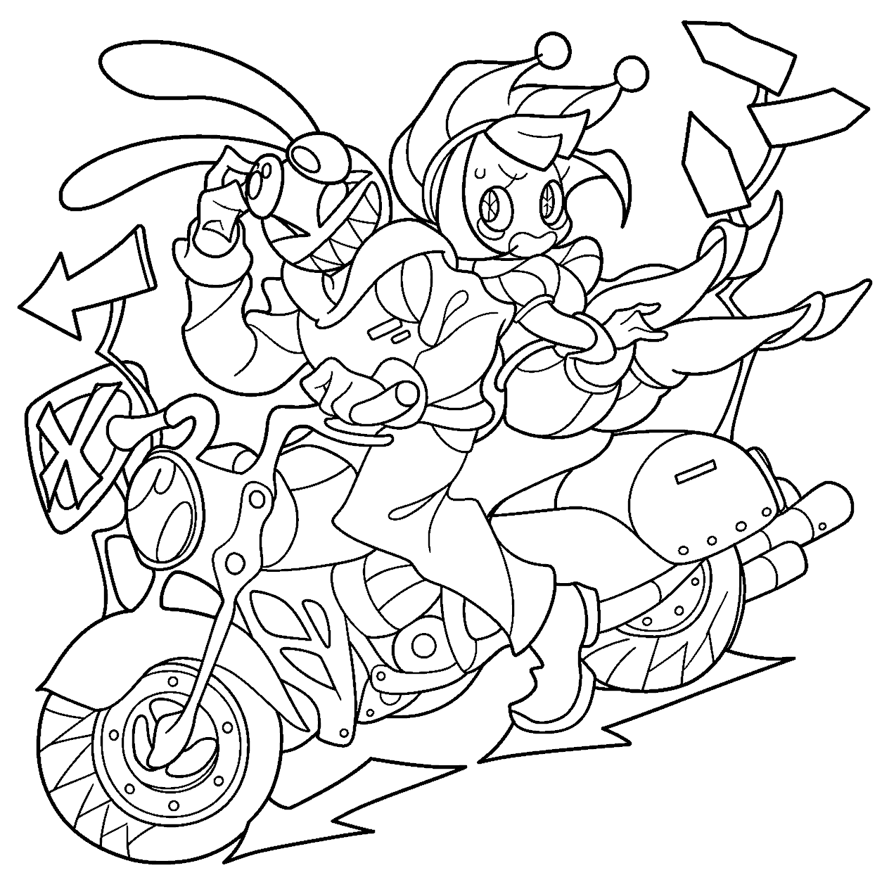 jax and pomni riding motorcycle chopper bike tadc the amazing digital circus line art for kids and adults