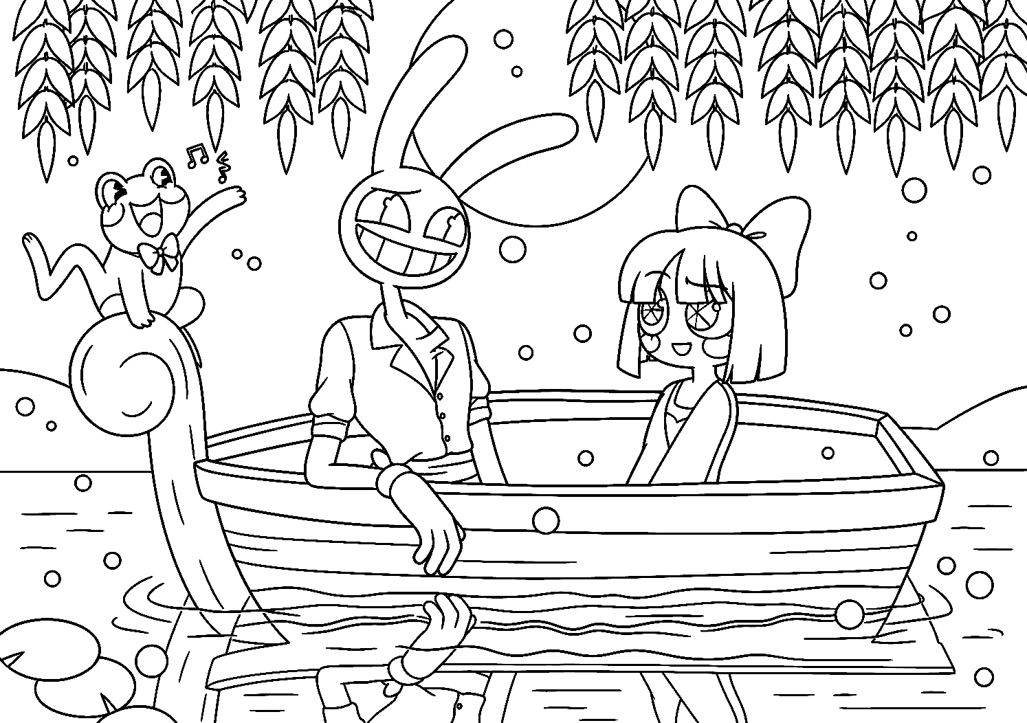 jax and pomni romantic boat ride river lake tadc the amazing digital circus line art for kids and adults