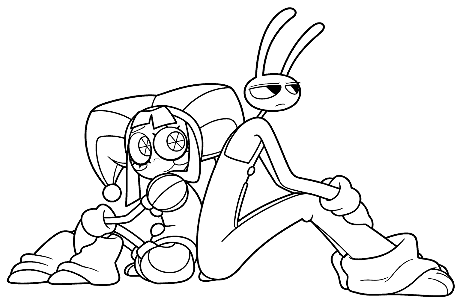jax and pomni sitting back to back holding hat pom poms tadc the amazing digital circus line art for kids and adults