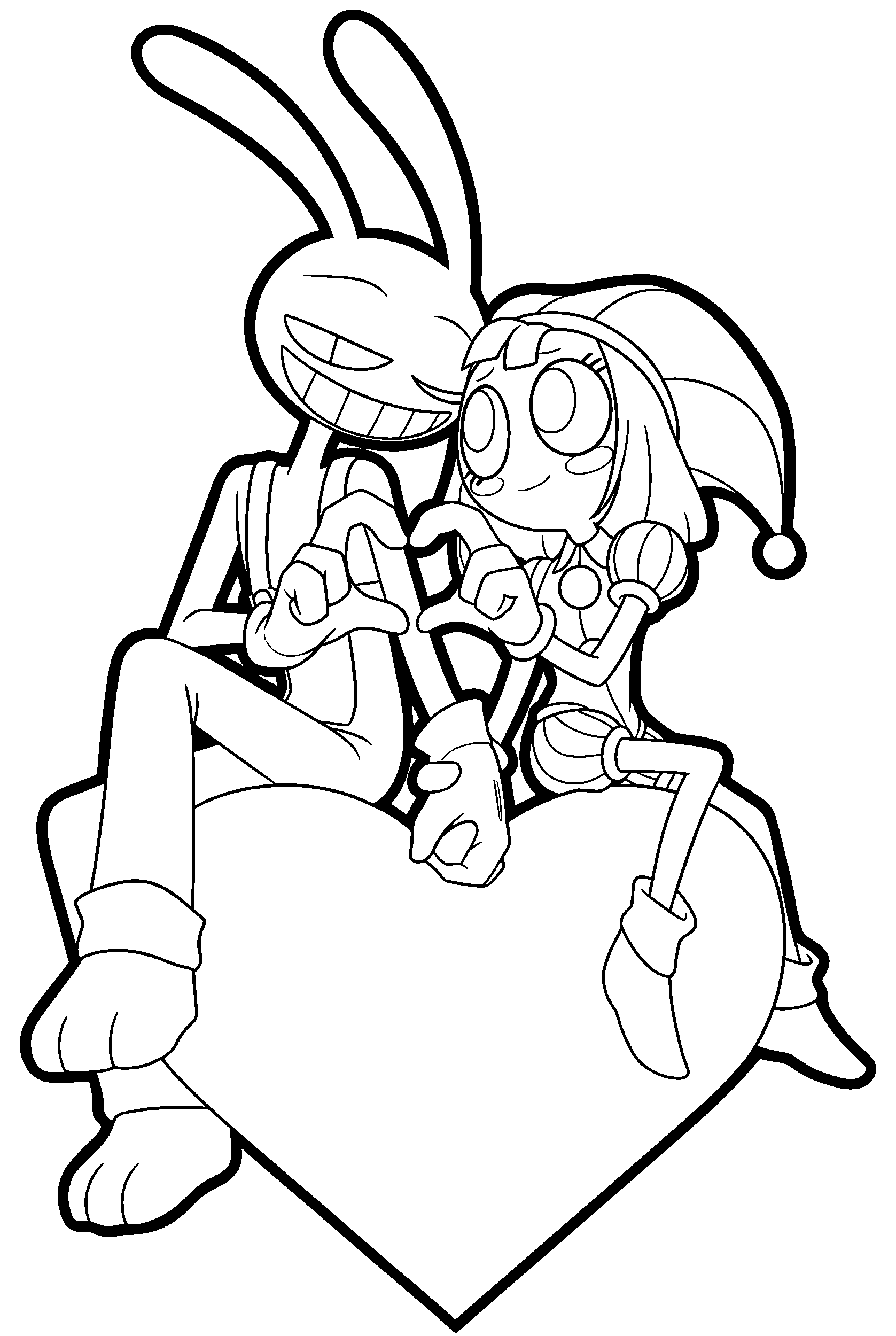 jax and pomni sitting on a heart the amazing digital circus line art