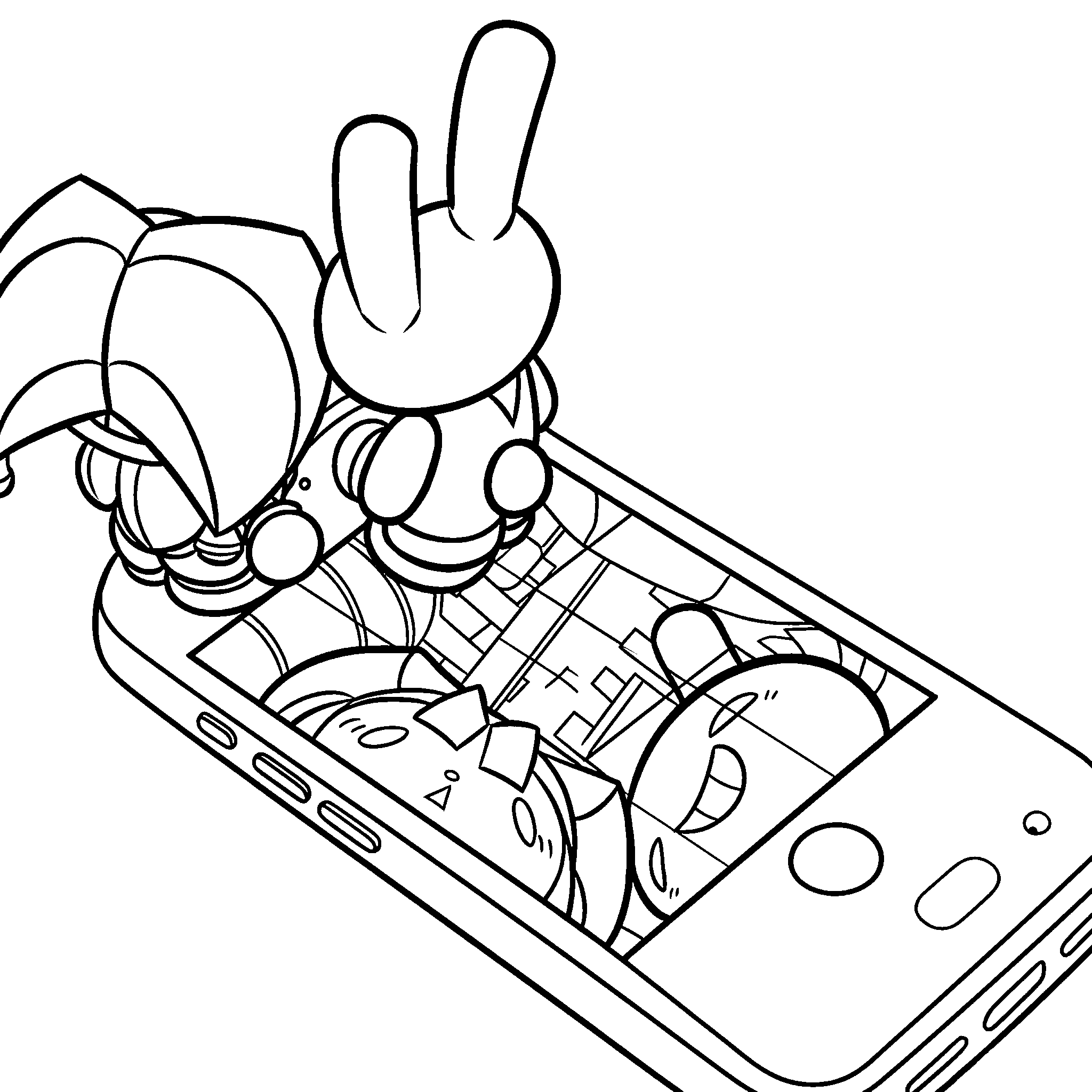 jax and pomni sitting on phone screen group selfie tadc the amazing digital circus line art