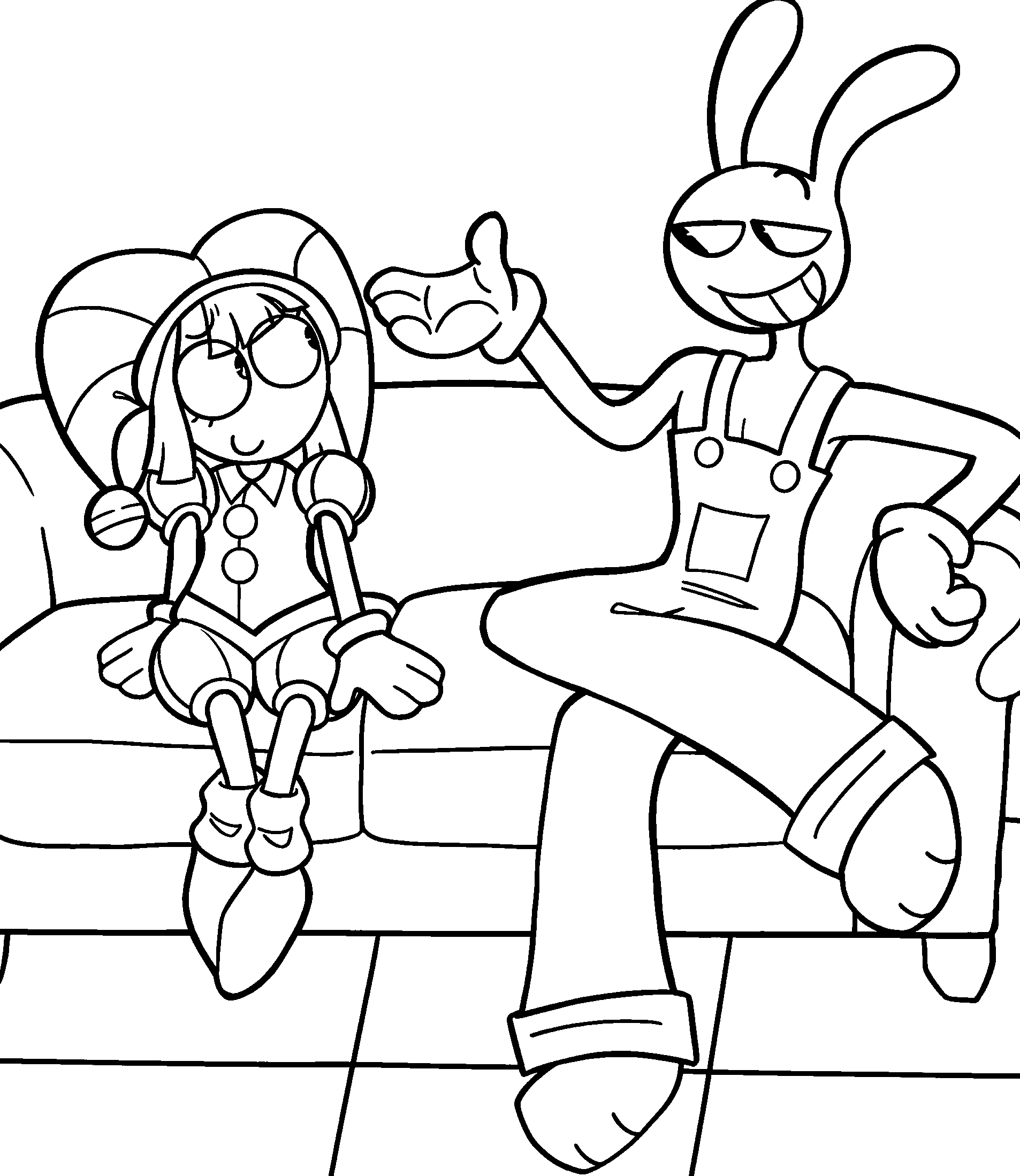 jax and pomni sitting on sofa the amazing digital circus line art