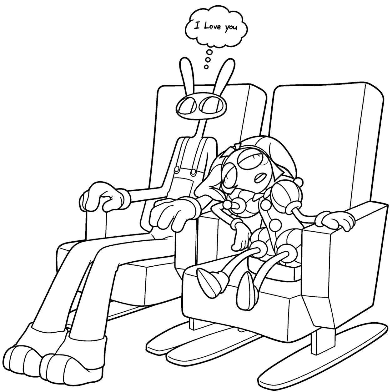 jax and pomni sleeping in chairs love bubble tadc the amazing digital circus line art