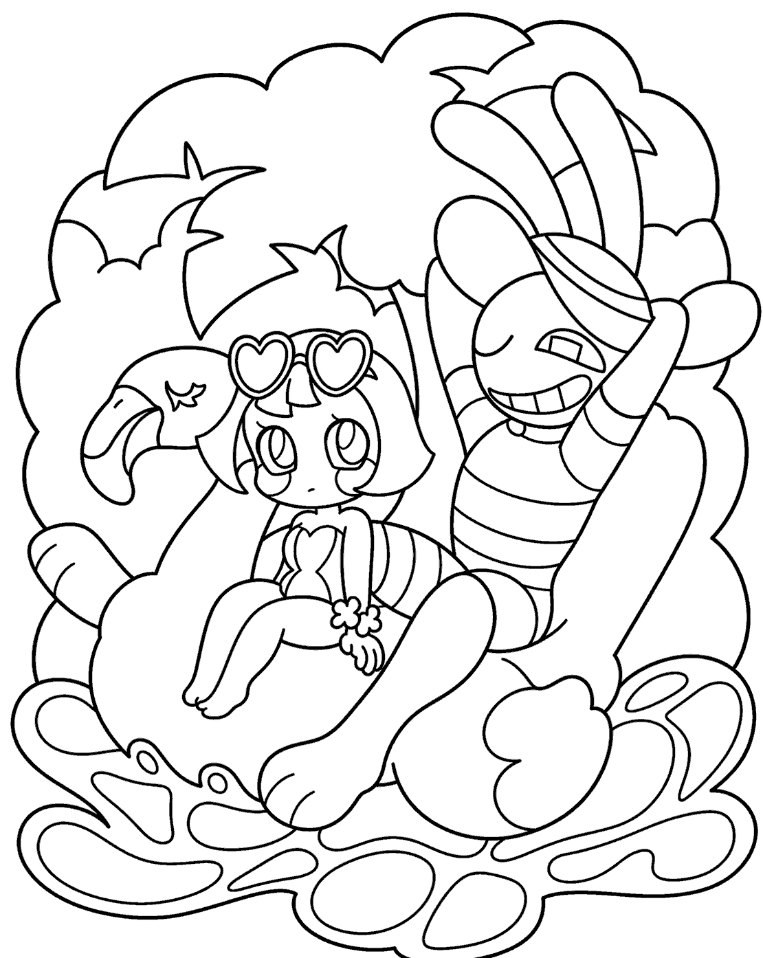 jax and pomni summer pool party flamingo float tadc the amazing digital circus line art for kids and adults