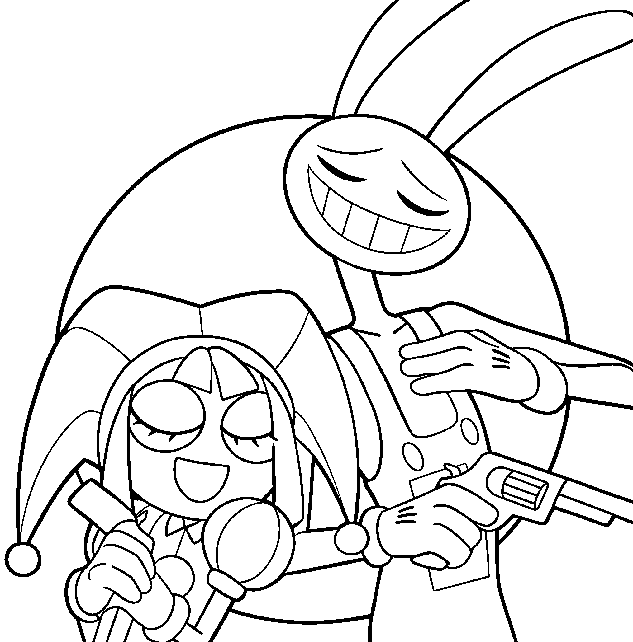 jax and pomni with a prop gun the amazing digital circus line art