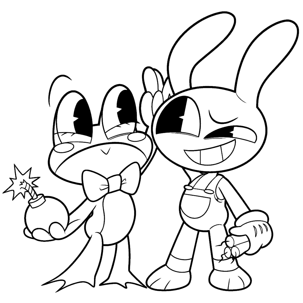 jax and ribbit holding dynamite explosives the amazing digital circus line art