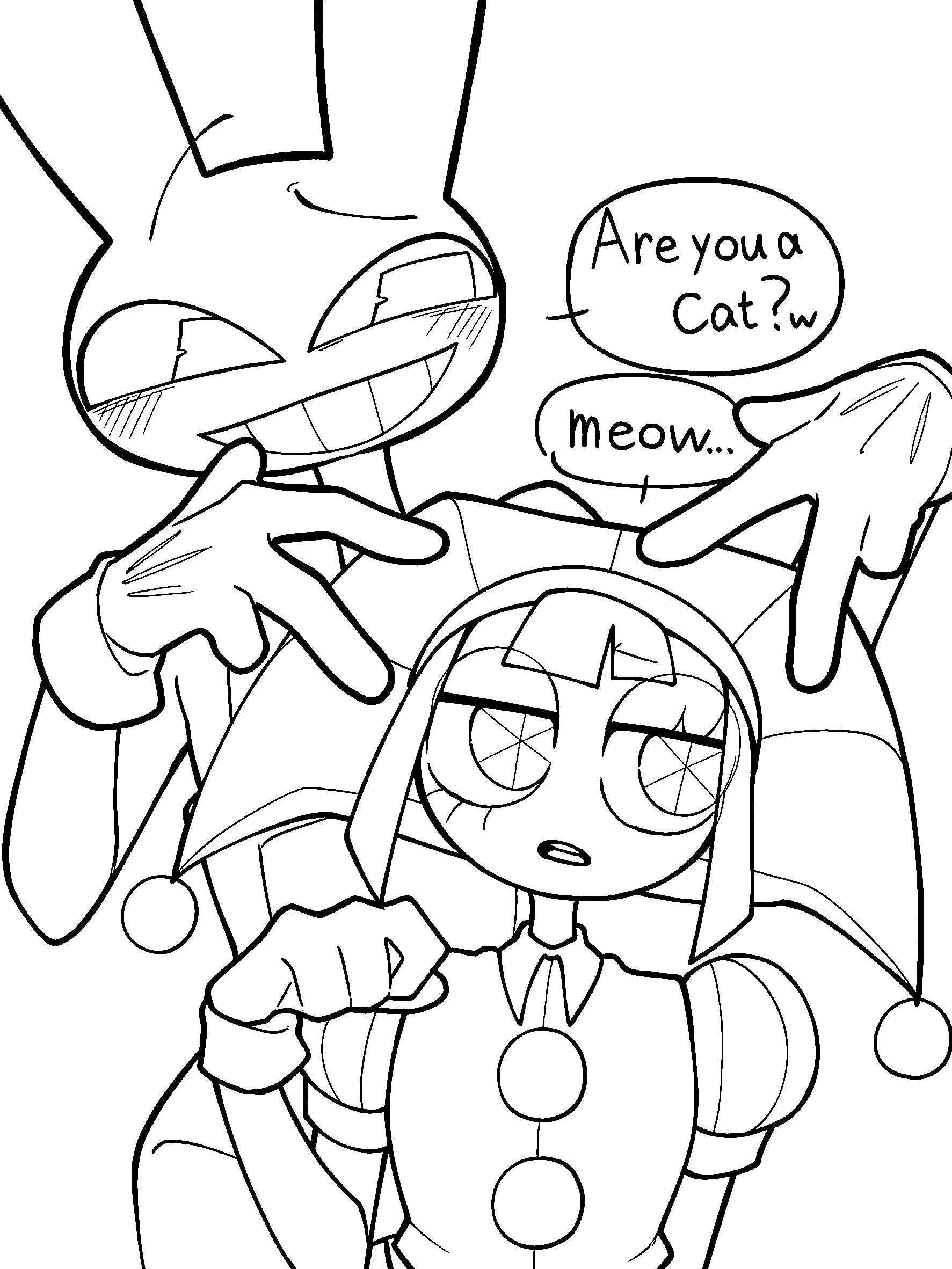 jax asking pomni meow cat question the amazing digital circus line art