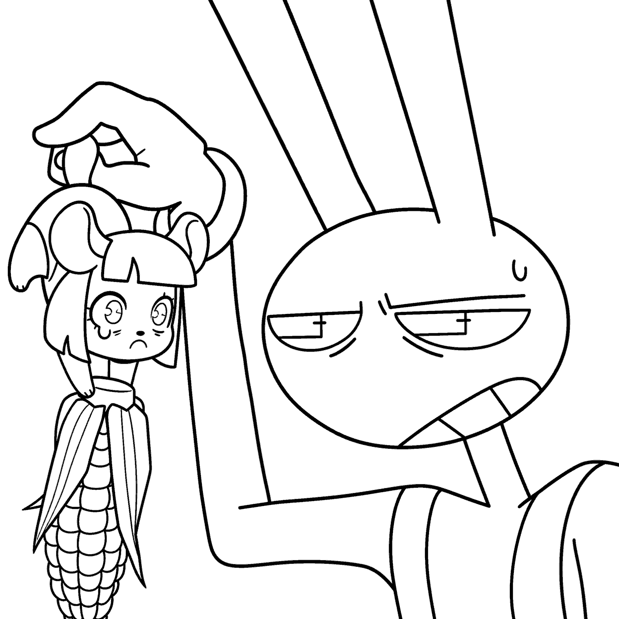 jax disgusted holding tiny rodent pomni eating corn tadc the amazing digital circus line art