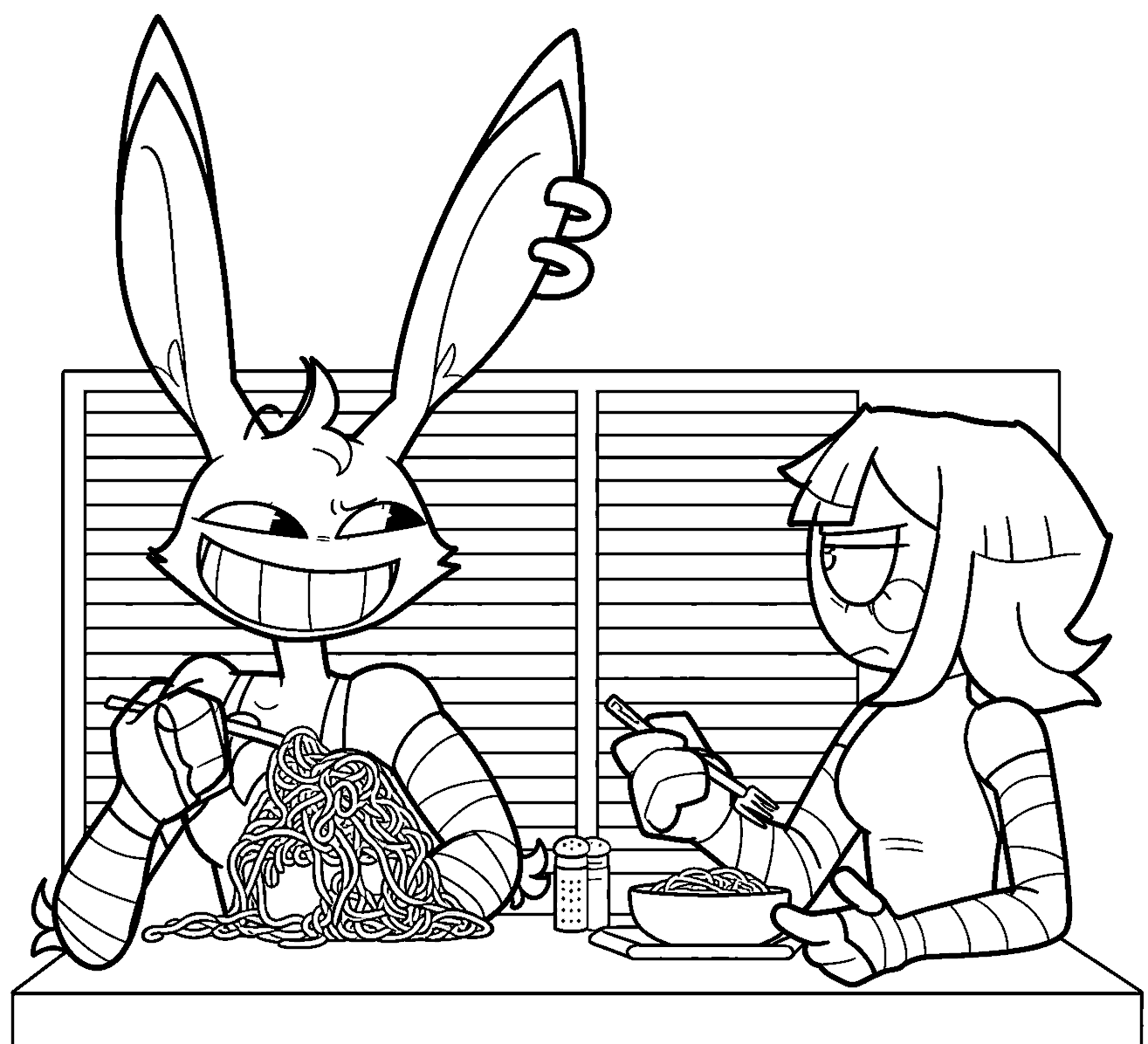 jax eating spaghetti noodles with pomni kitchen scene tadc the amazing digital circus line art