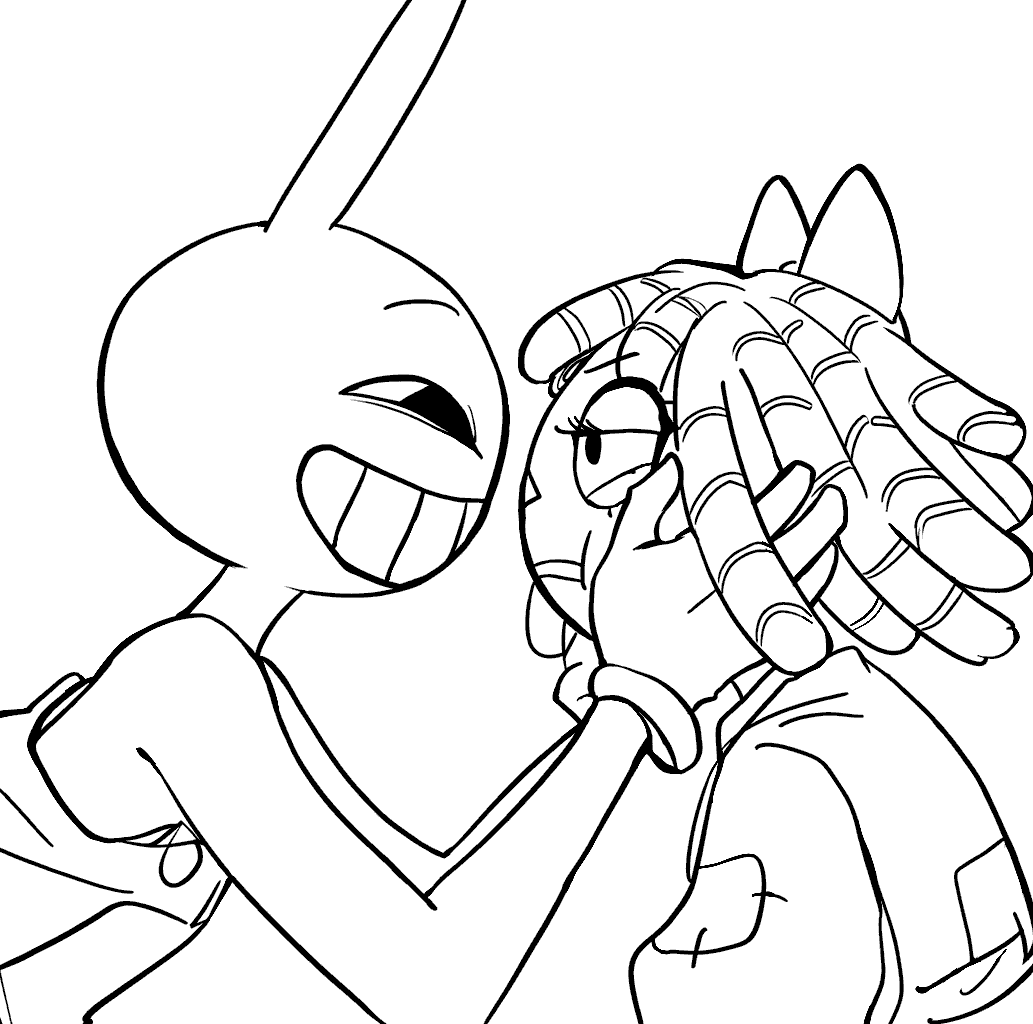 jax grinning and holding ragata face the amazing digital circus line art