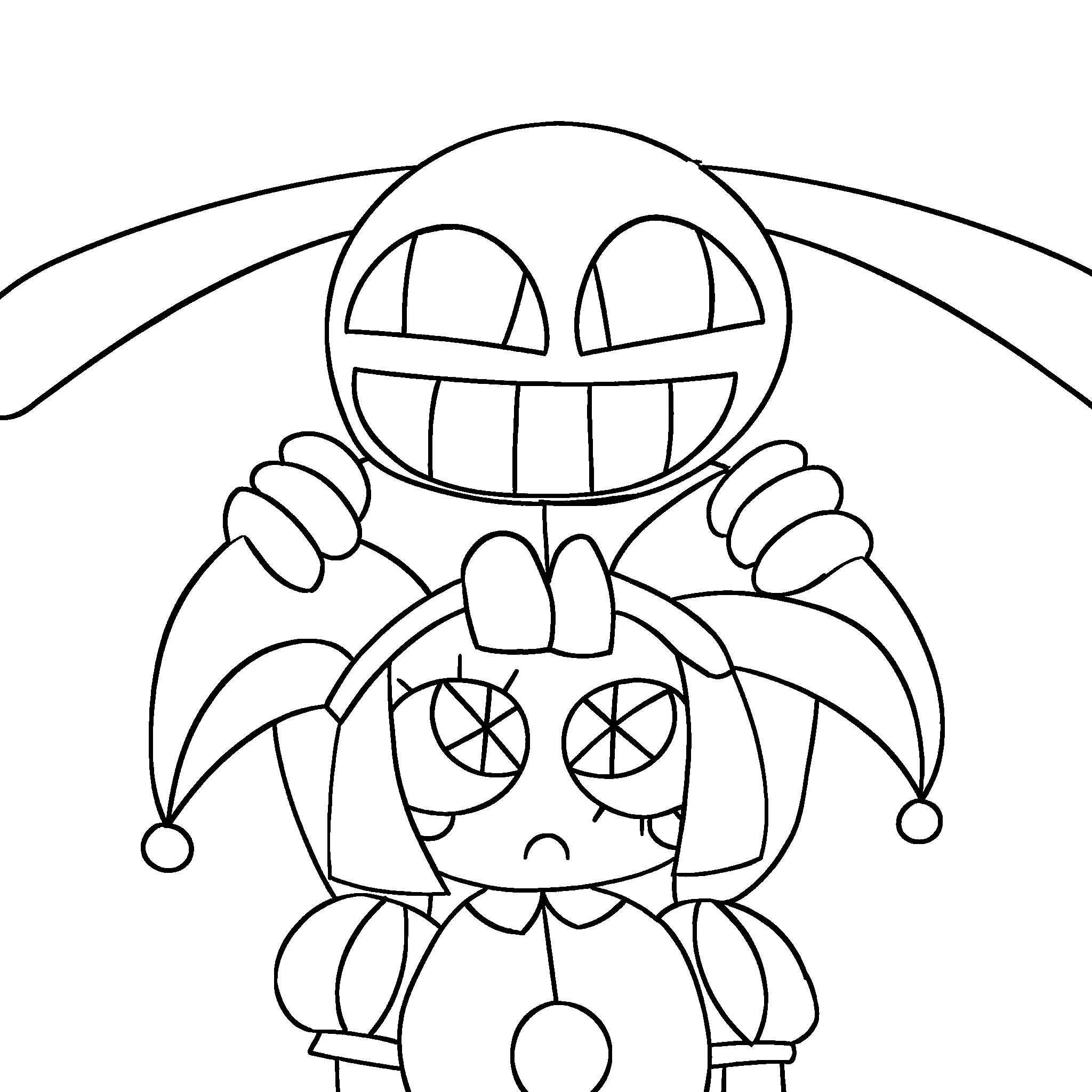 jax holding grumpy pomni jester hat close up tadc the amazing digital circus line art
