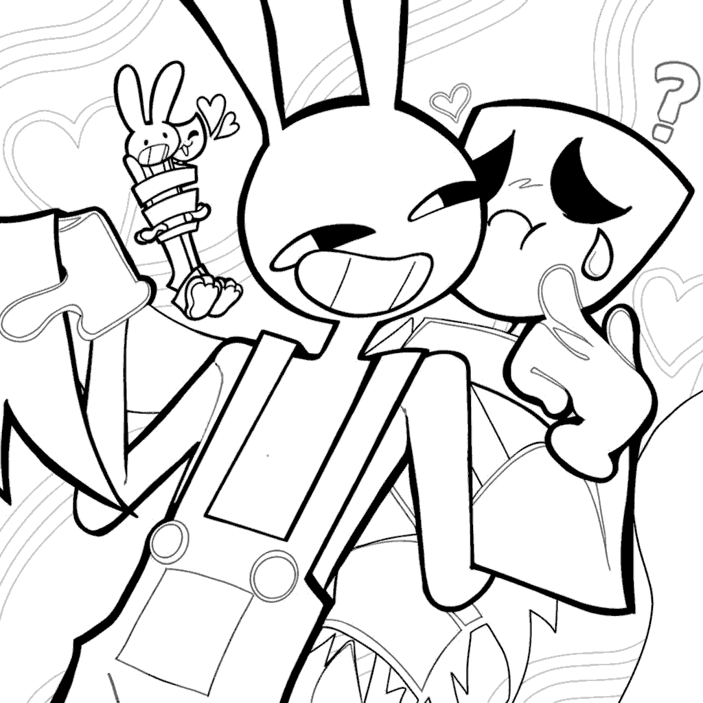 jax hugging sad gangle tied up cartoon the amazing digital circus line art