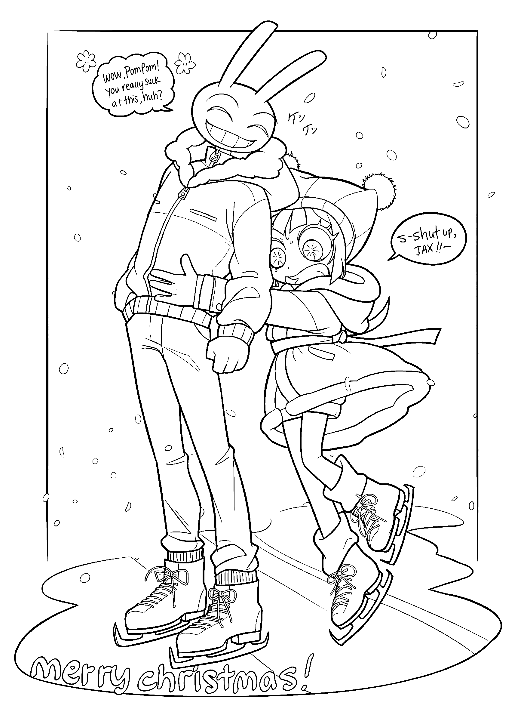 jax ice skating with scared pomni merry christmas tadc the amazing digital circus line art
