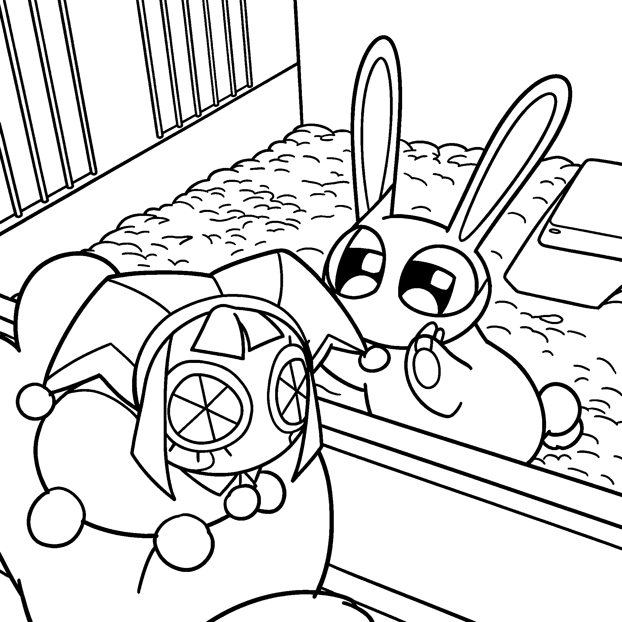 jax in cage and tiny pomni pet meme the amazing digital circus line art